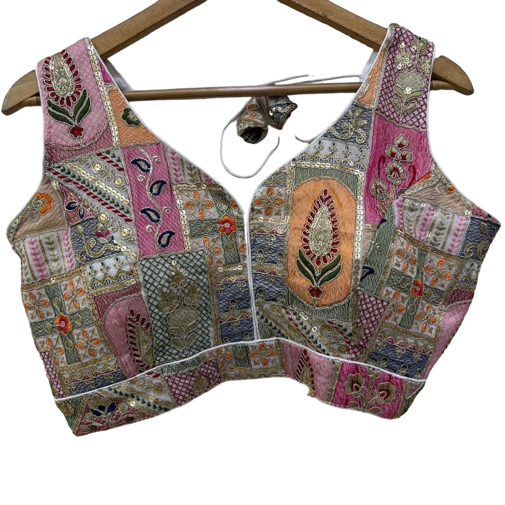 V Neck Embroidered Patchwork Blouse 4-Colors - Vintage India NYC