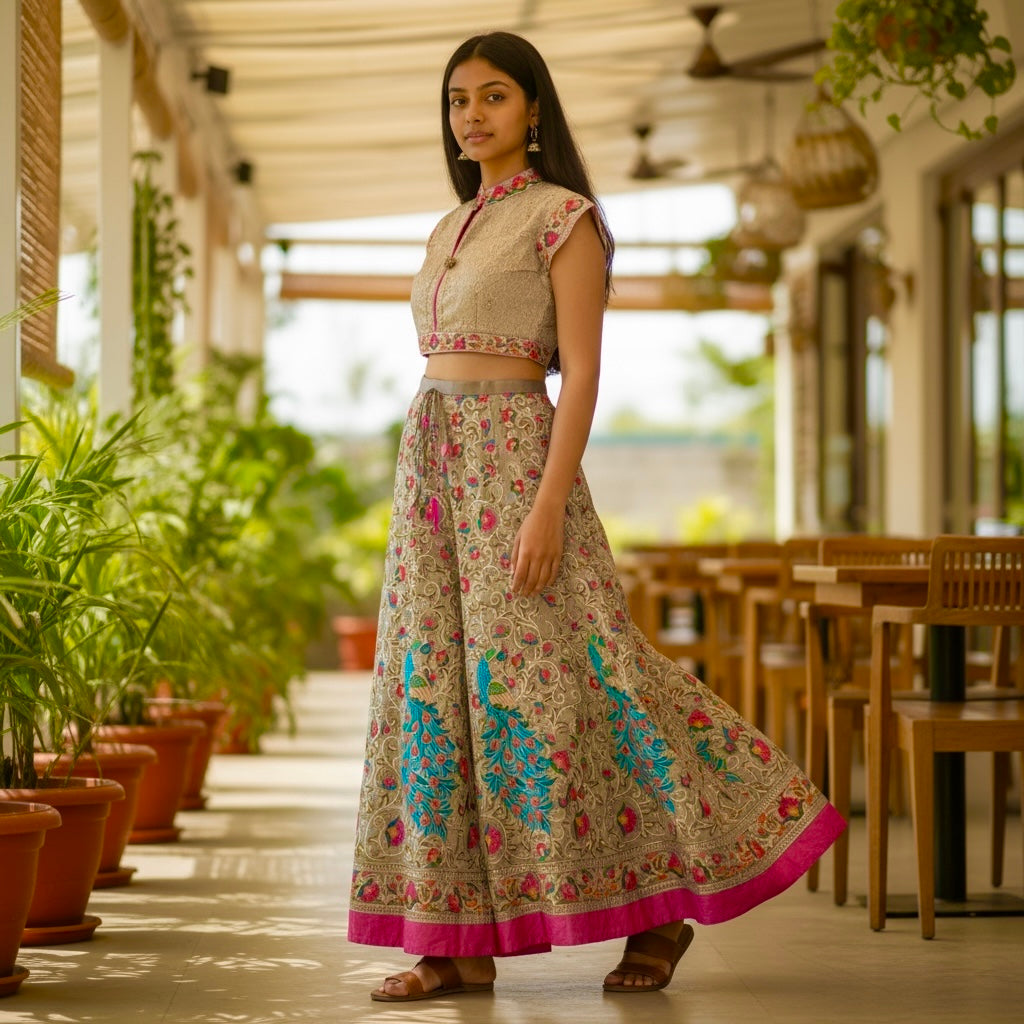 Gold Embroidered Peacock Sharara Set