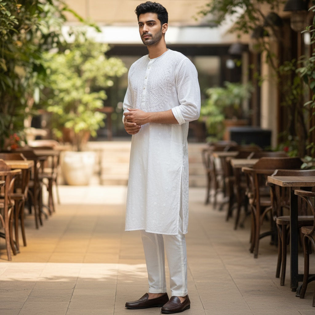 LH Hand Embroidered Round Neck White Kurtas