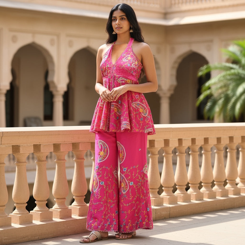 Embroidered Pink Peplum Palazzo Set