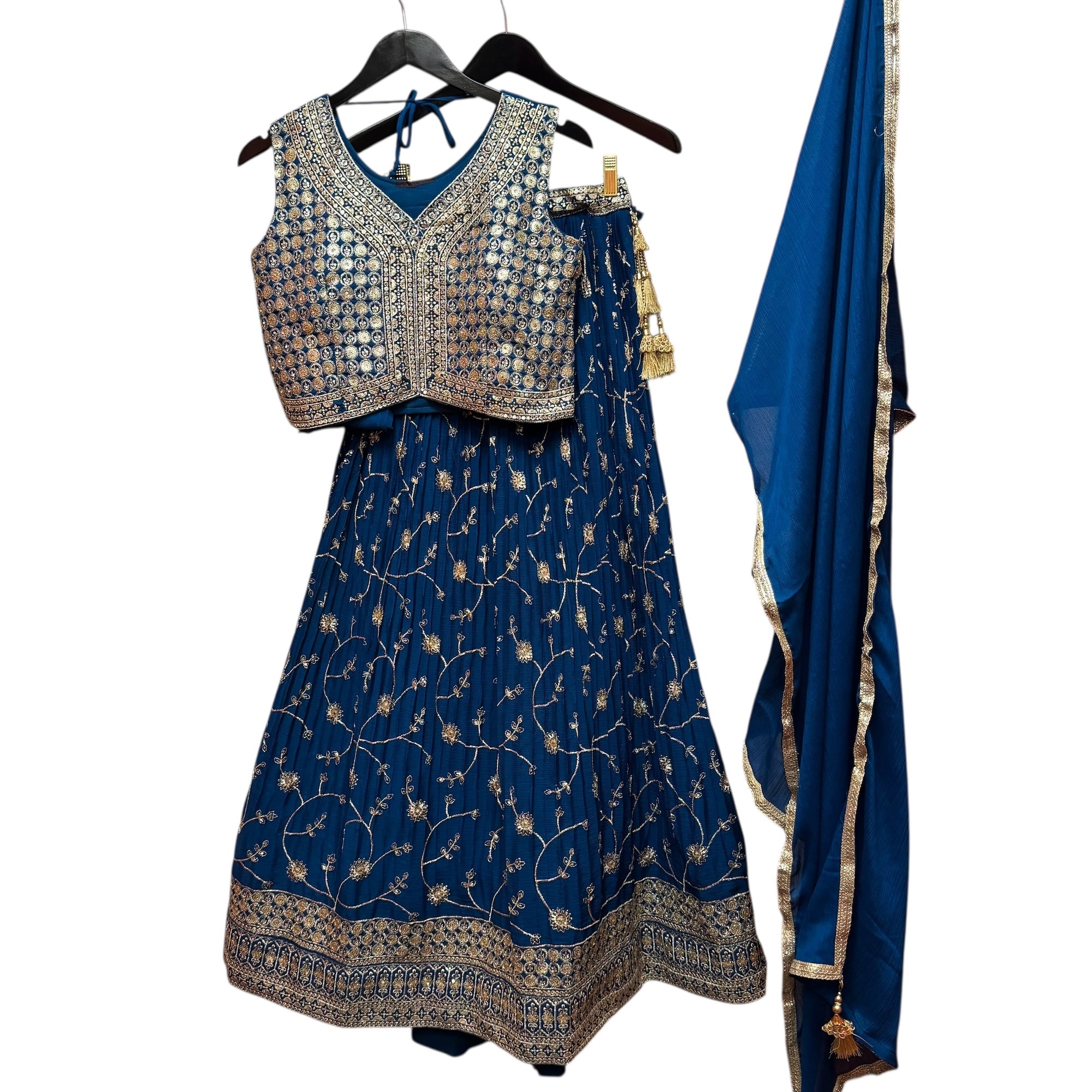 Ocean Embroidered Georgette Lehenga Set Q - Vintage India NYC