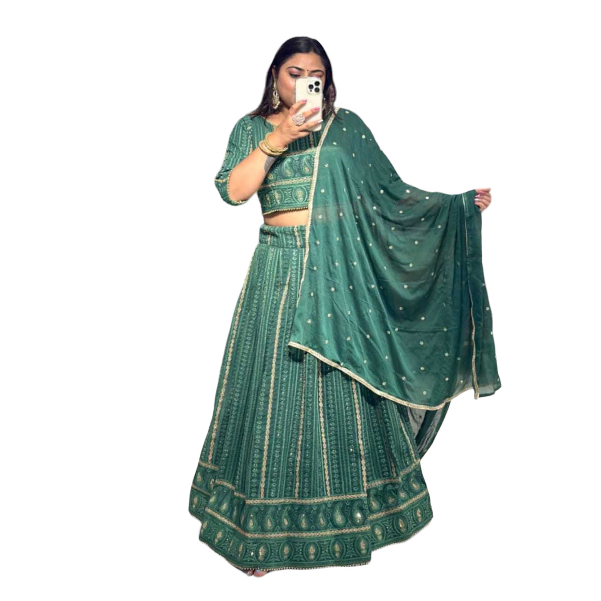 Green Lucknowi Lehenga Set Q - Vintage India NYC