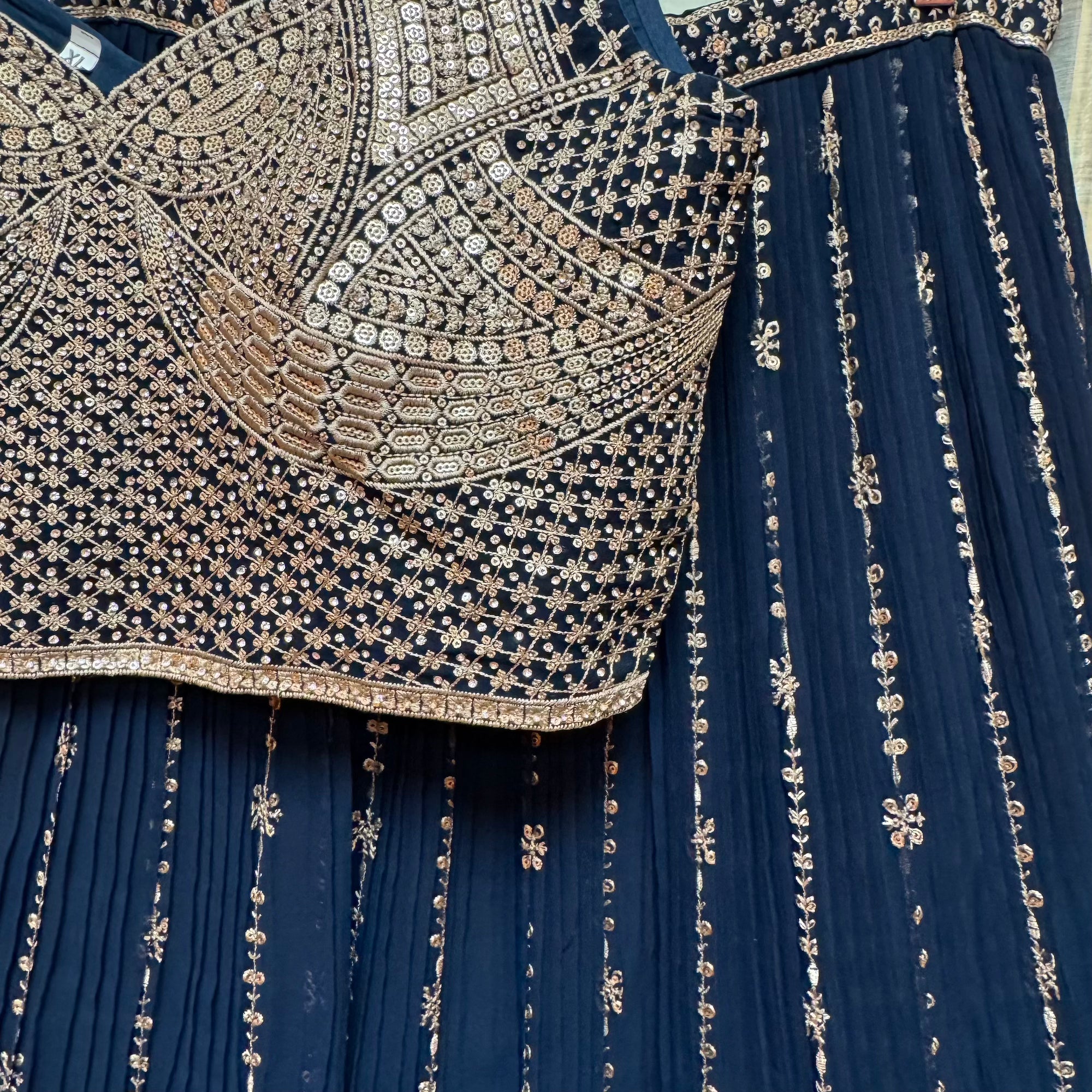 Navy Embroidered Georgette Lehenga Set - Vintage India NYC