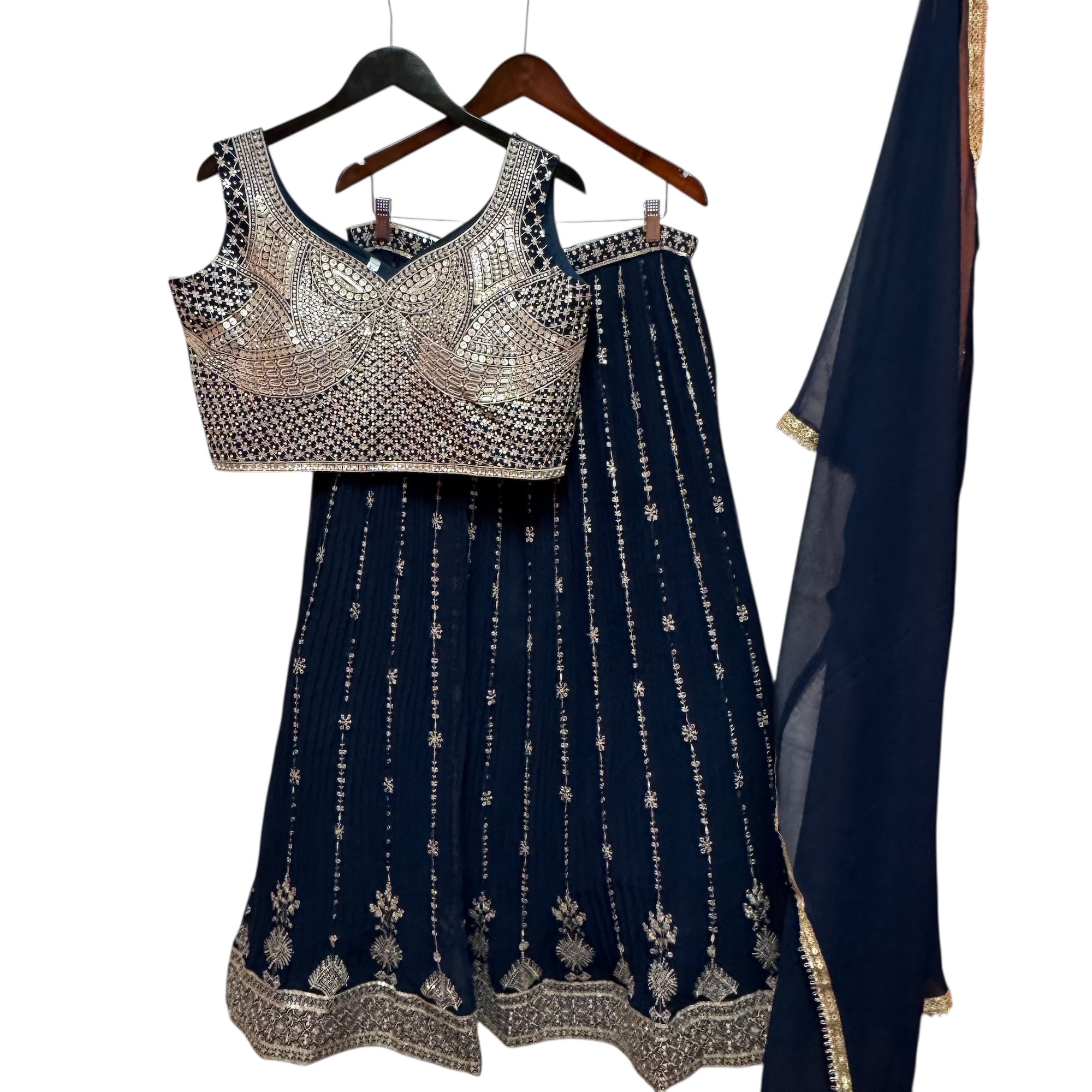 Navy Embroidered Georgette Lehenga Set - Vintage India NYC