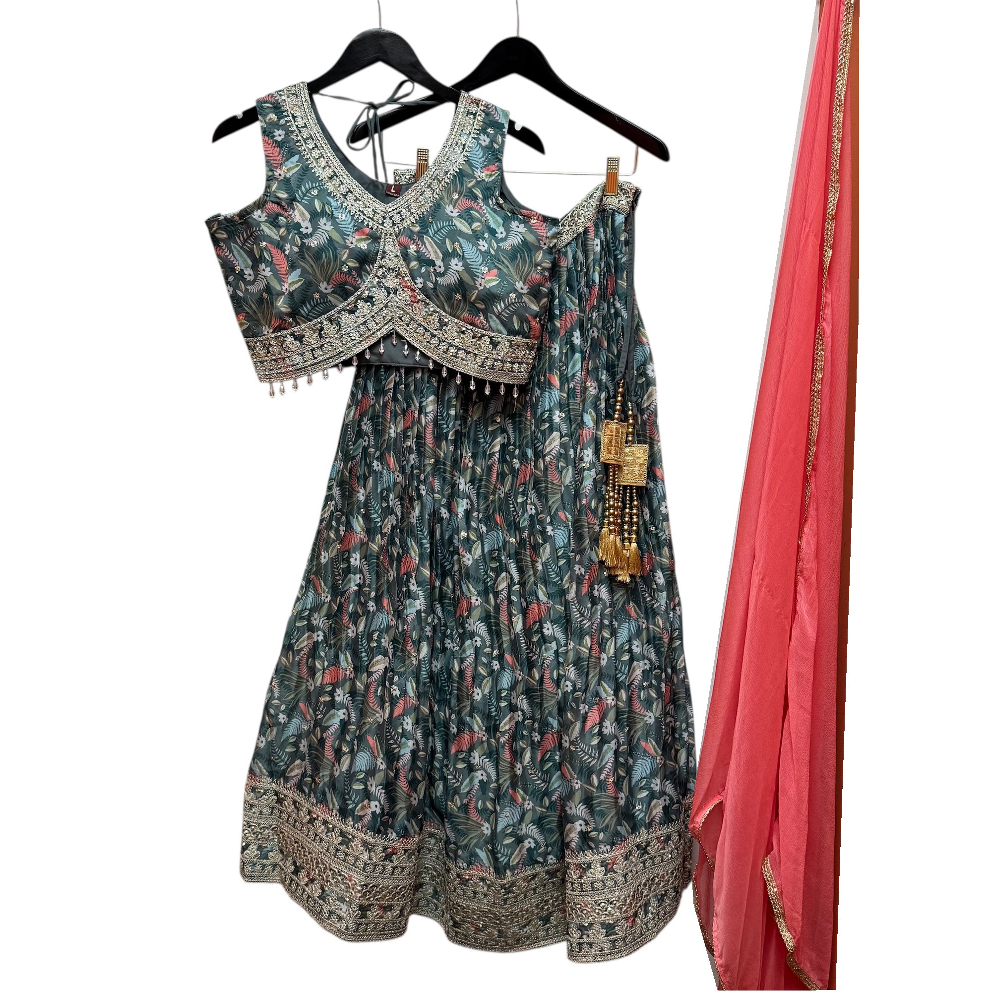 Sage Floral Printed Lehenga Set - Vintage India NYC