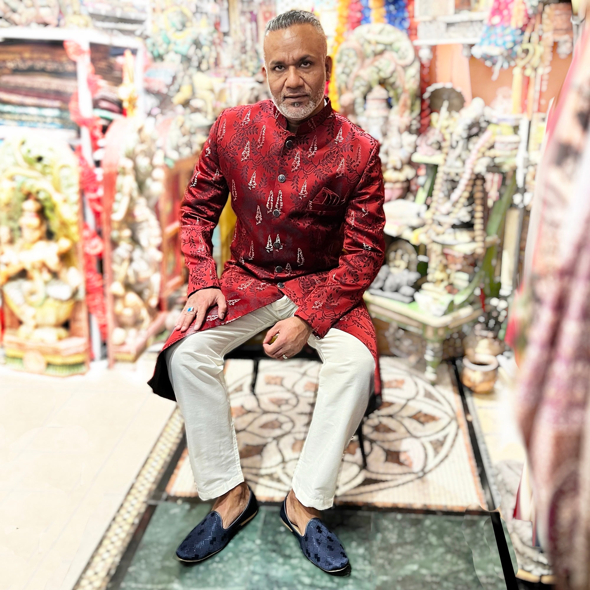 Red Leaf Satin Sherwani - Vintage India NYC