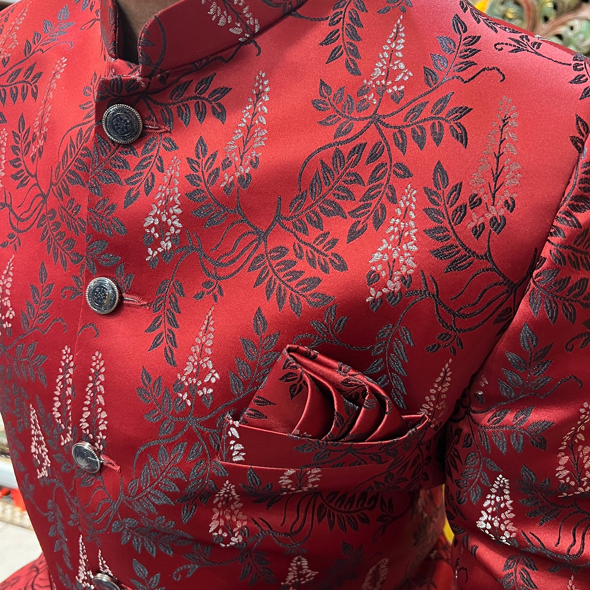 Red Leaf Satin Sherwani - Vintage India NYC