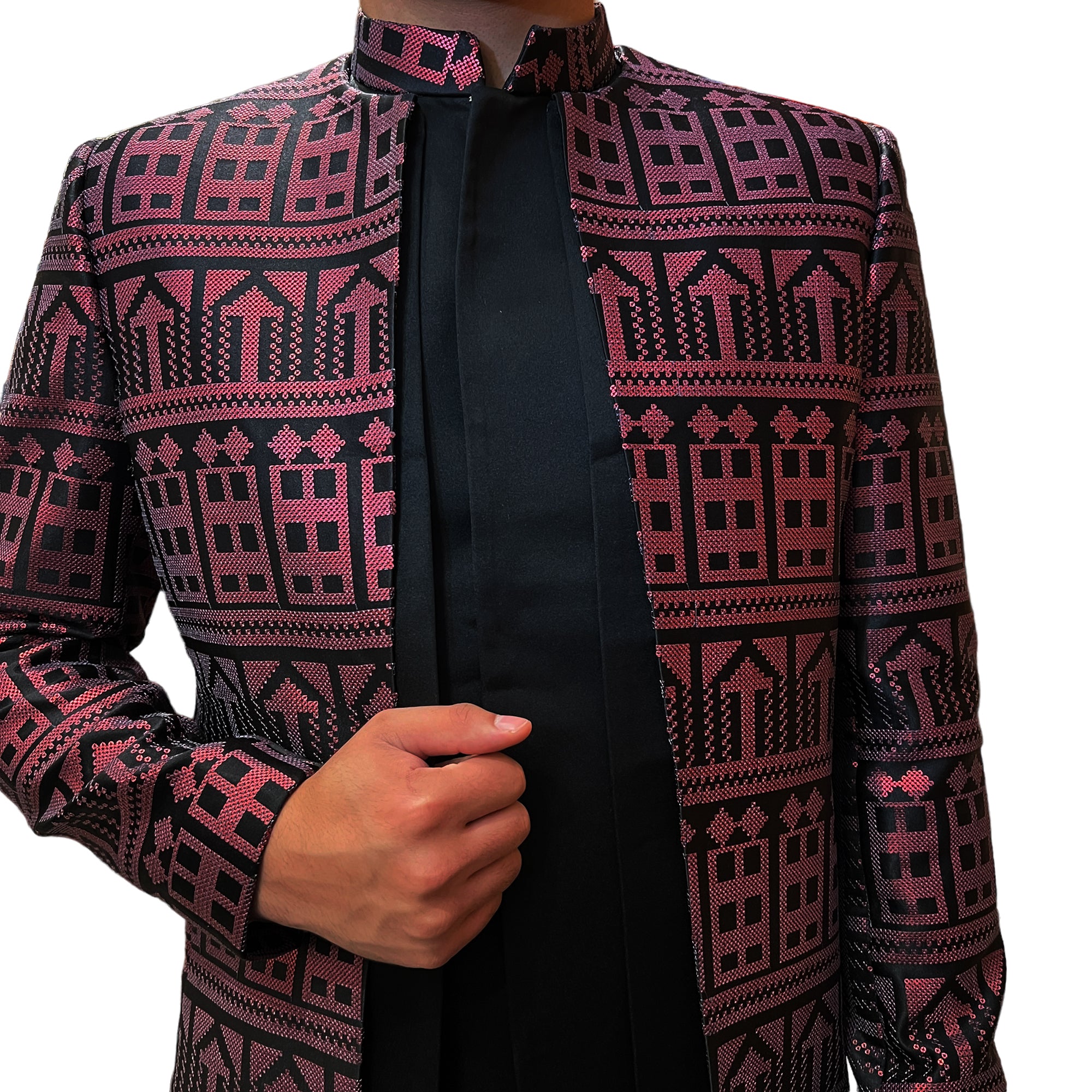 Black & Red Geometric 2 Piece Sherwani - Vintage India NYC