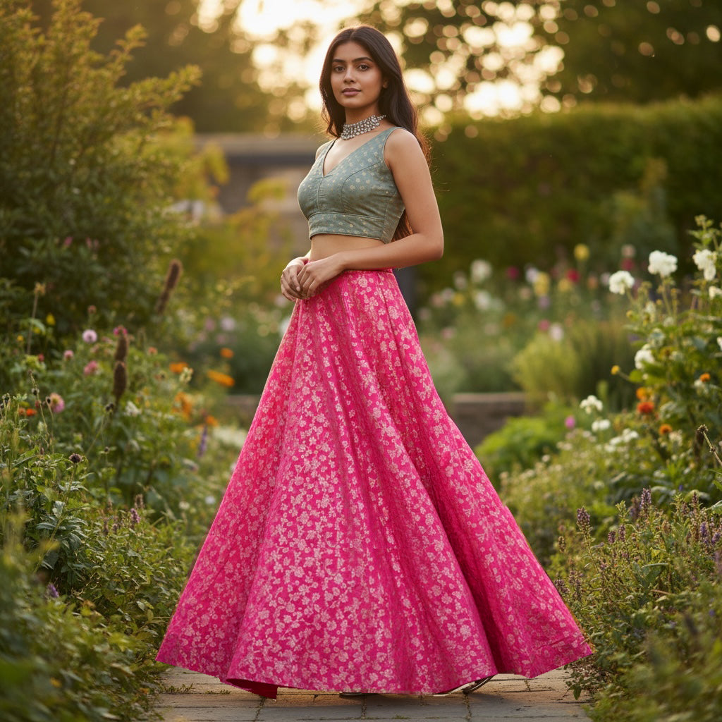 Rose Brocade Round Flower Lehengas - X Long-Colors - Vintage India NYC