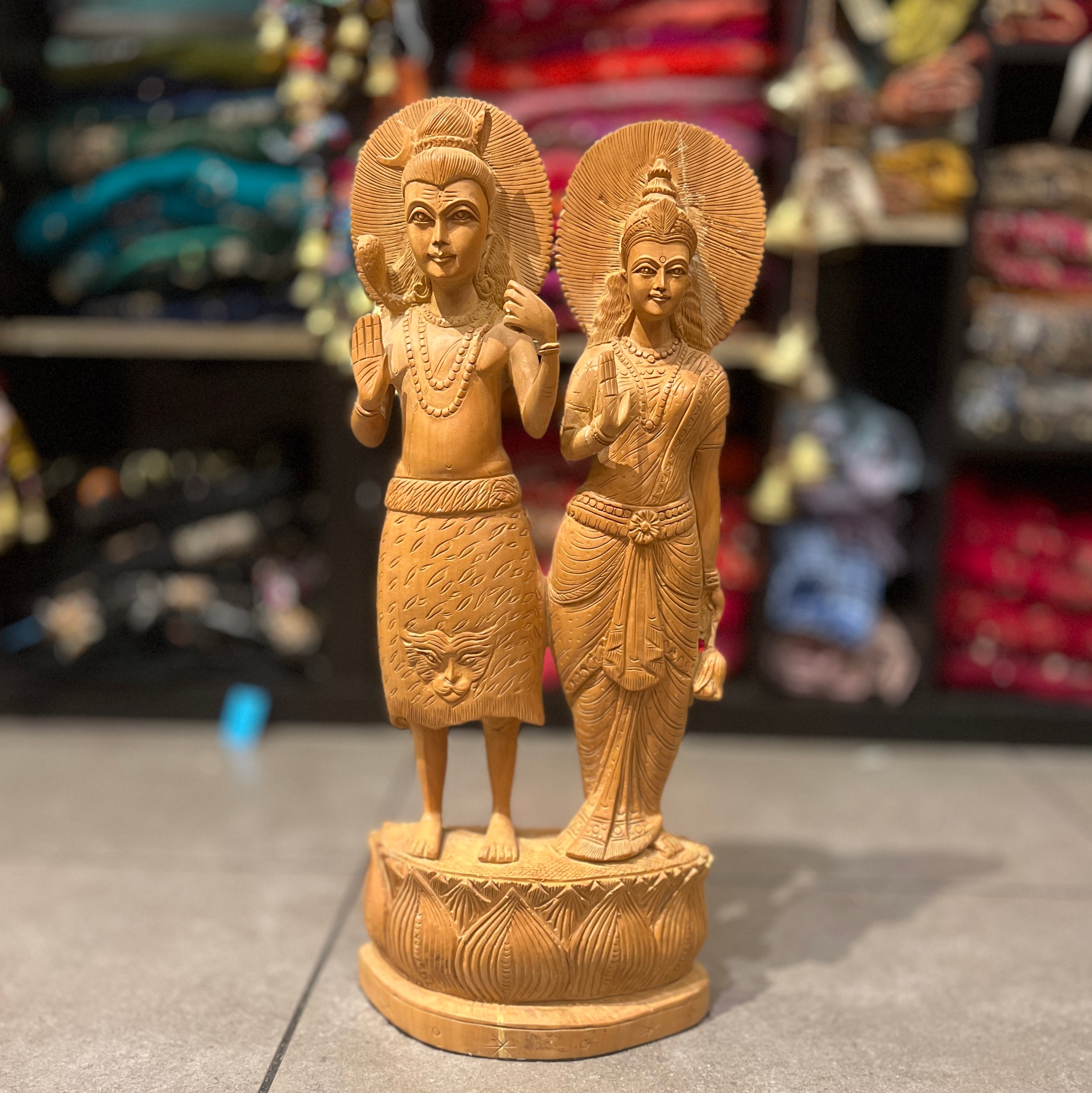 Handcarved Sandalwood Shiva Parvati 20.5in - Vintage India NYC