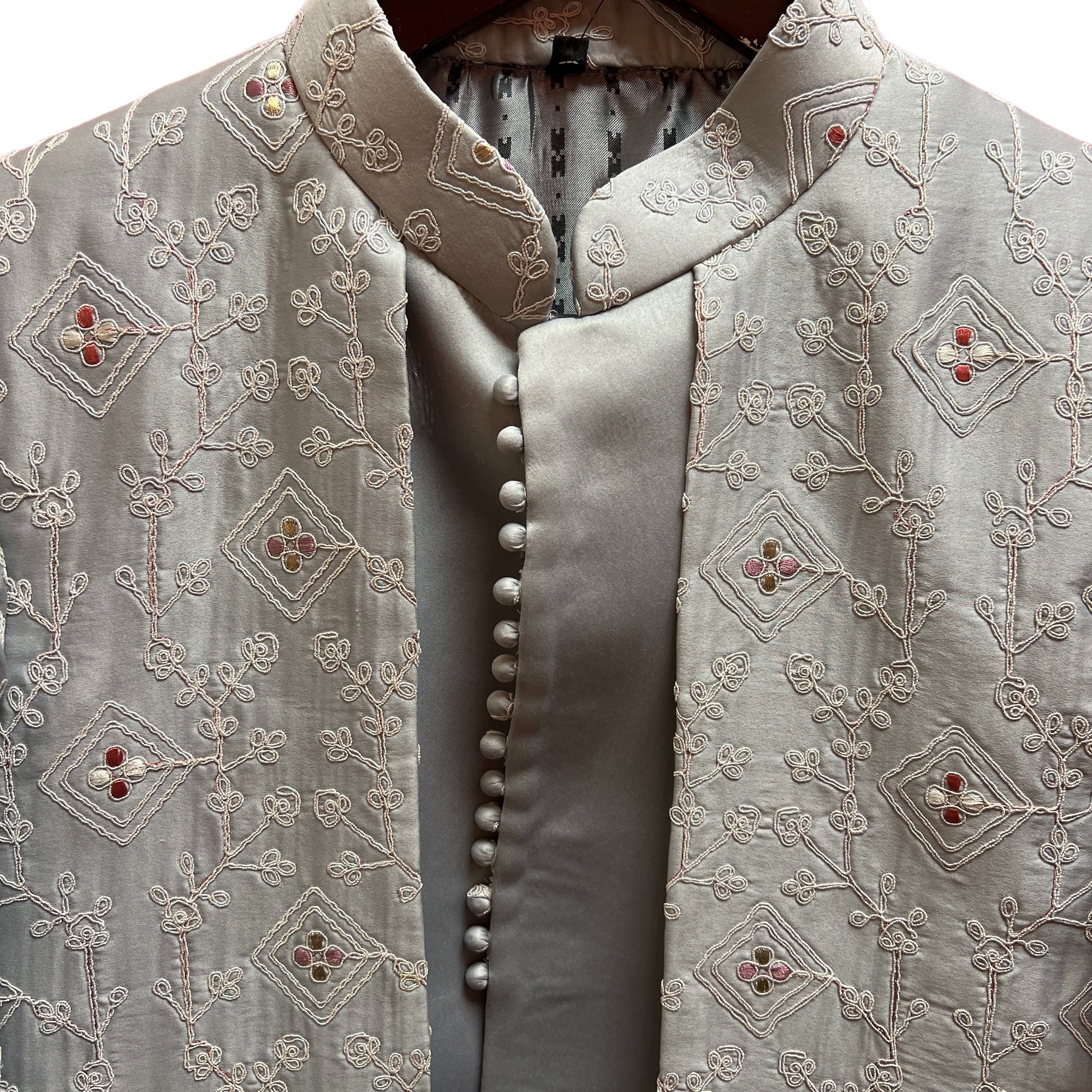YD Silver Embroidered Double Sherwani - Vintage India NYC