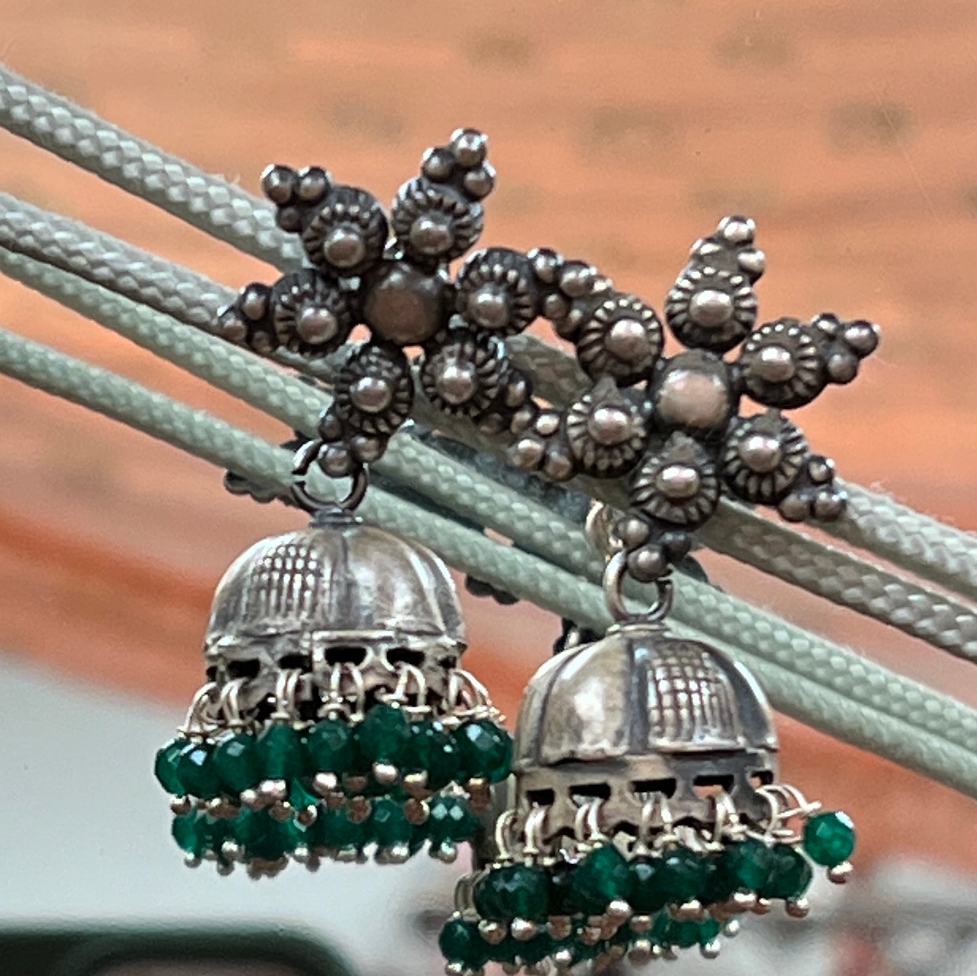 Silver Indian Jhumka Earrings with Adventurine Stones - Vintage India NYC