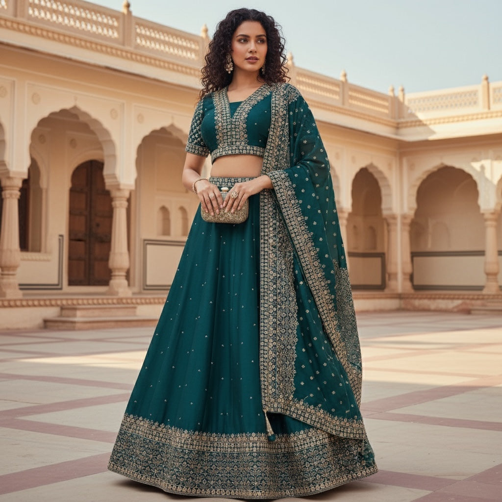 Light Gold Embroidered Lehengas-4 Colors
