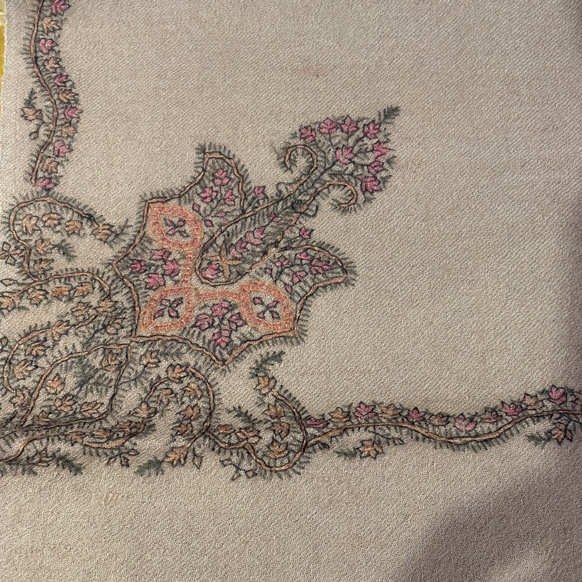 Vintage Mocha Embroidered Wool Shawl 36x75