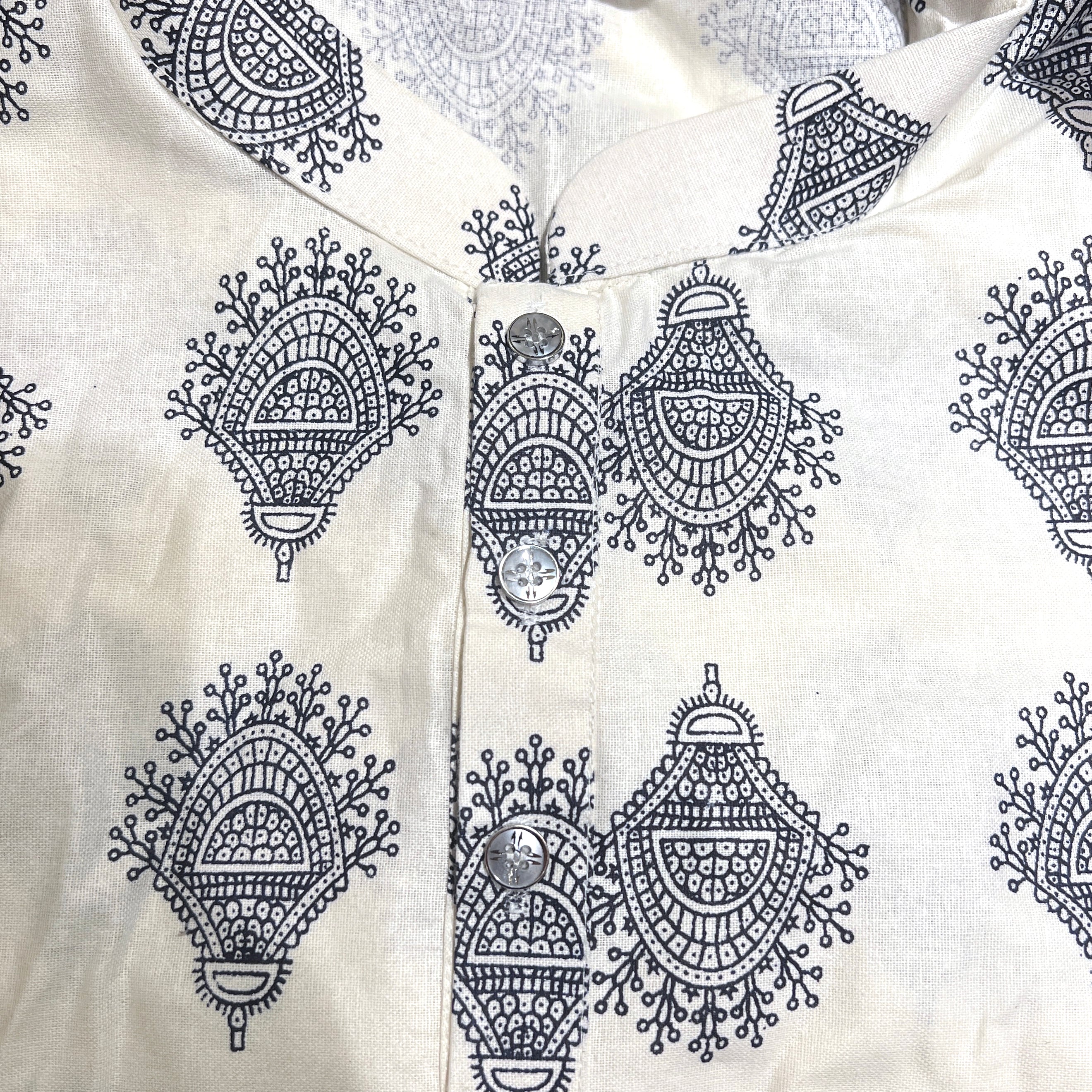 White Kurta Navy Fan Motif - Vintage India NYC