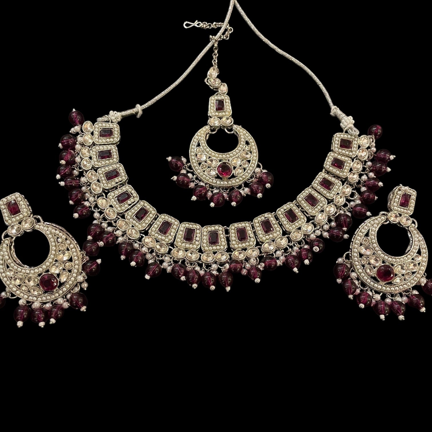 DT Silver Chandbali w/Square Stone Necklace Sets-Many Colors