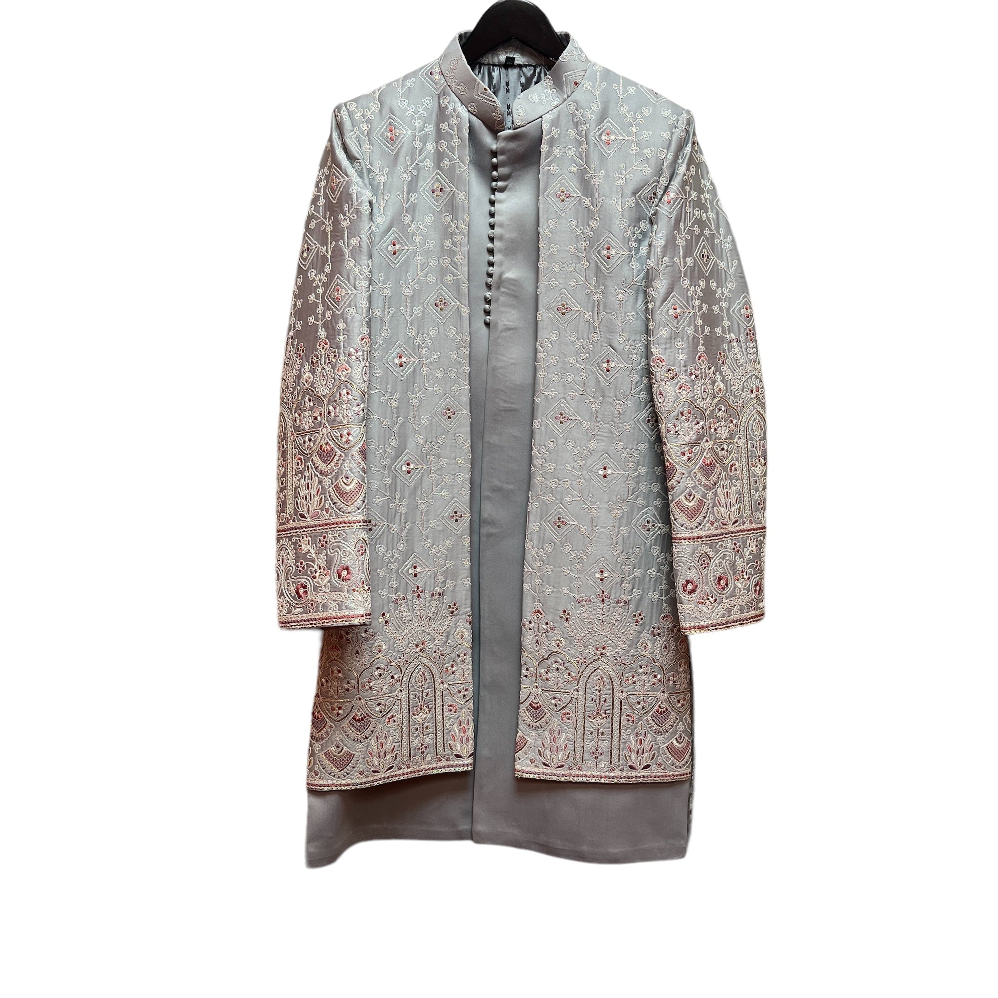 YD Silver Embroidered Double Sherwani - Vintage India NYC