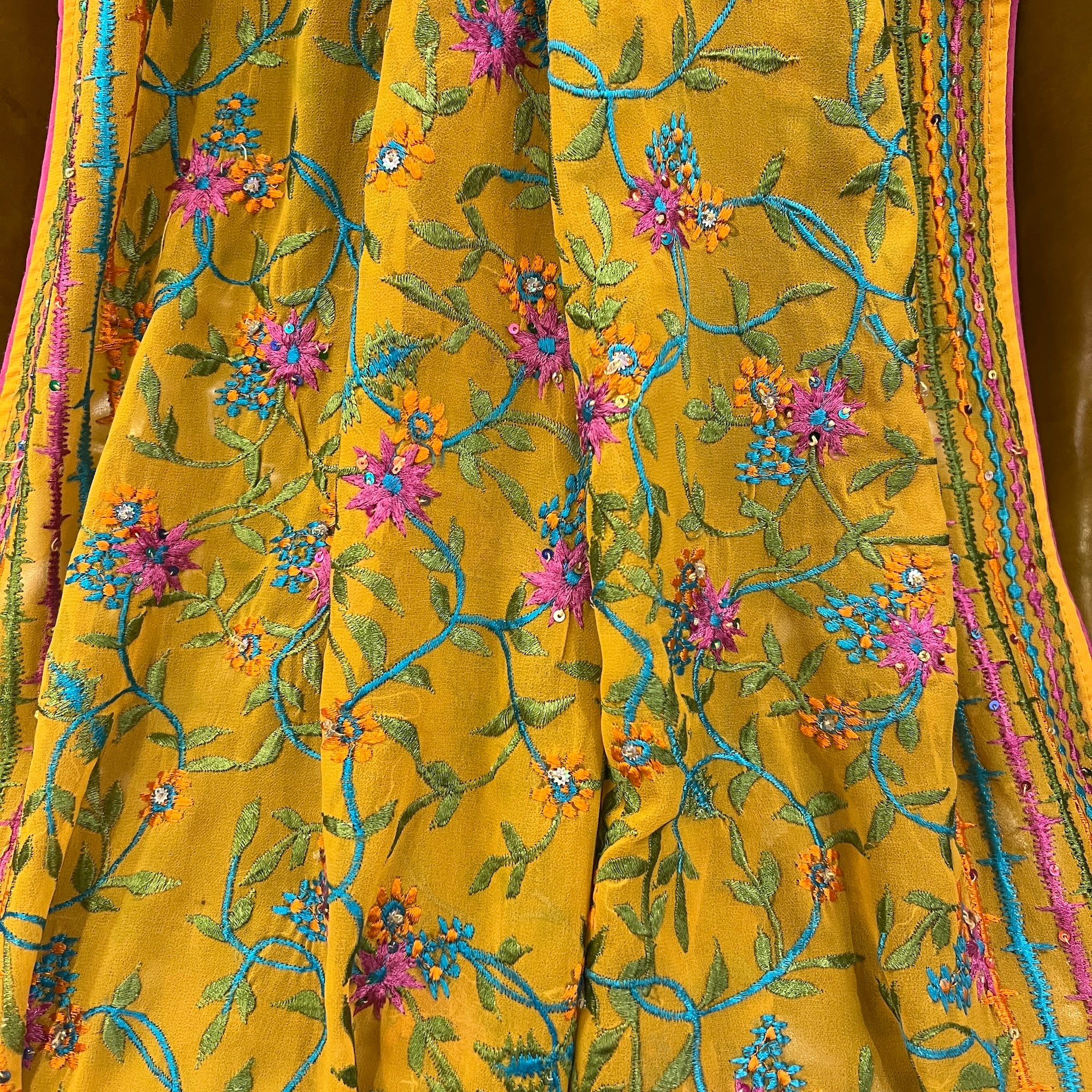Yellow Multicolor Threadwork Embroidered Dupatta - Vintage India NYC