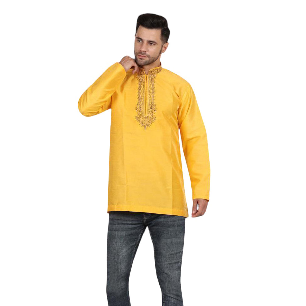 Yellow Embroidered Short Kurta - Vintage India NYC