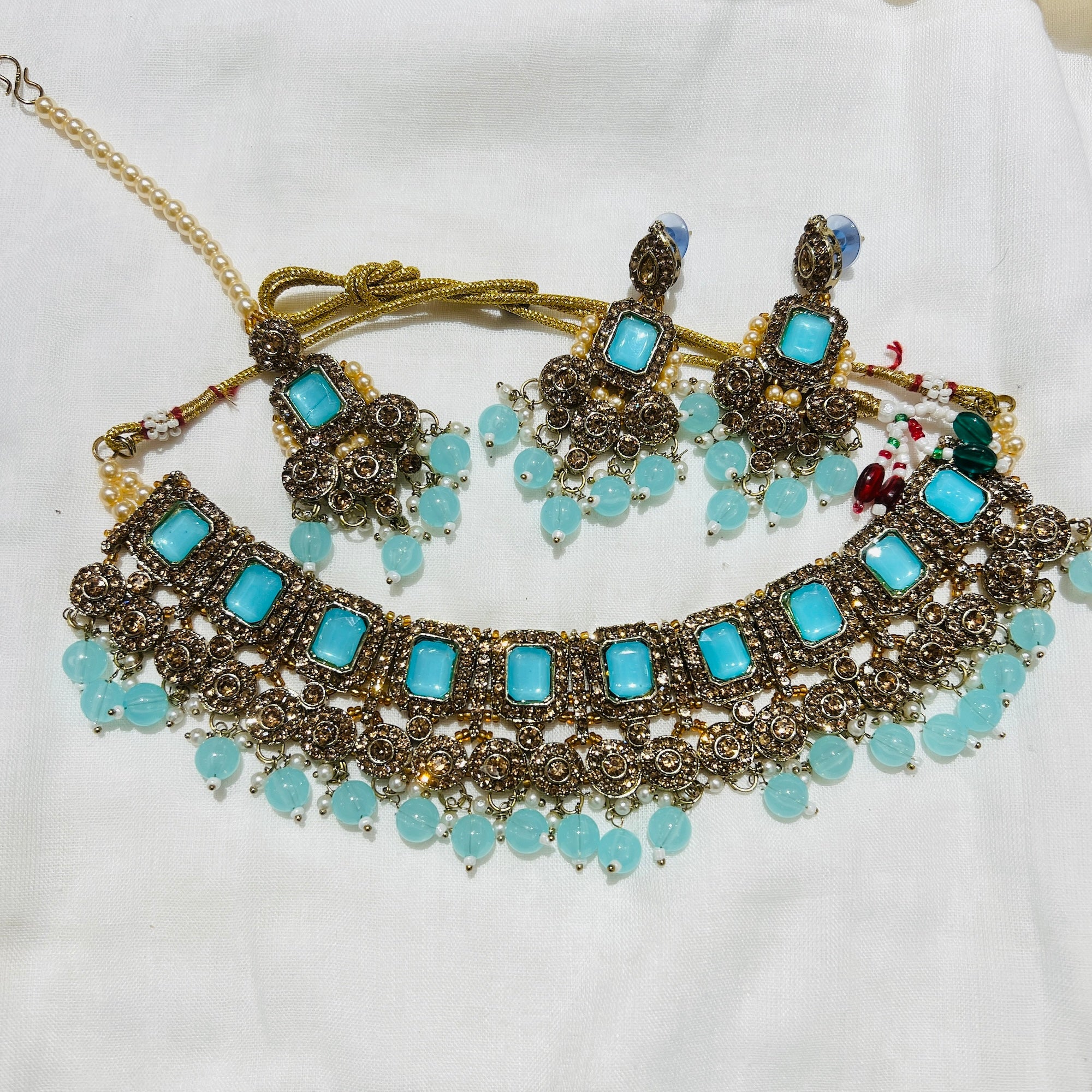 Oblong Gold Stone Necklace Set-11 Colors - Vintage India NYC