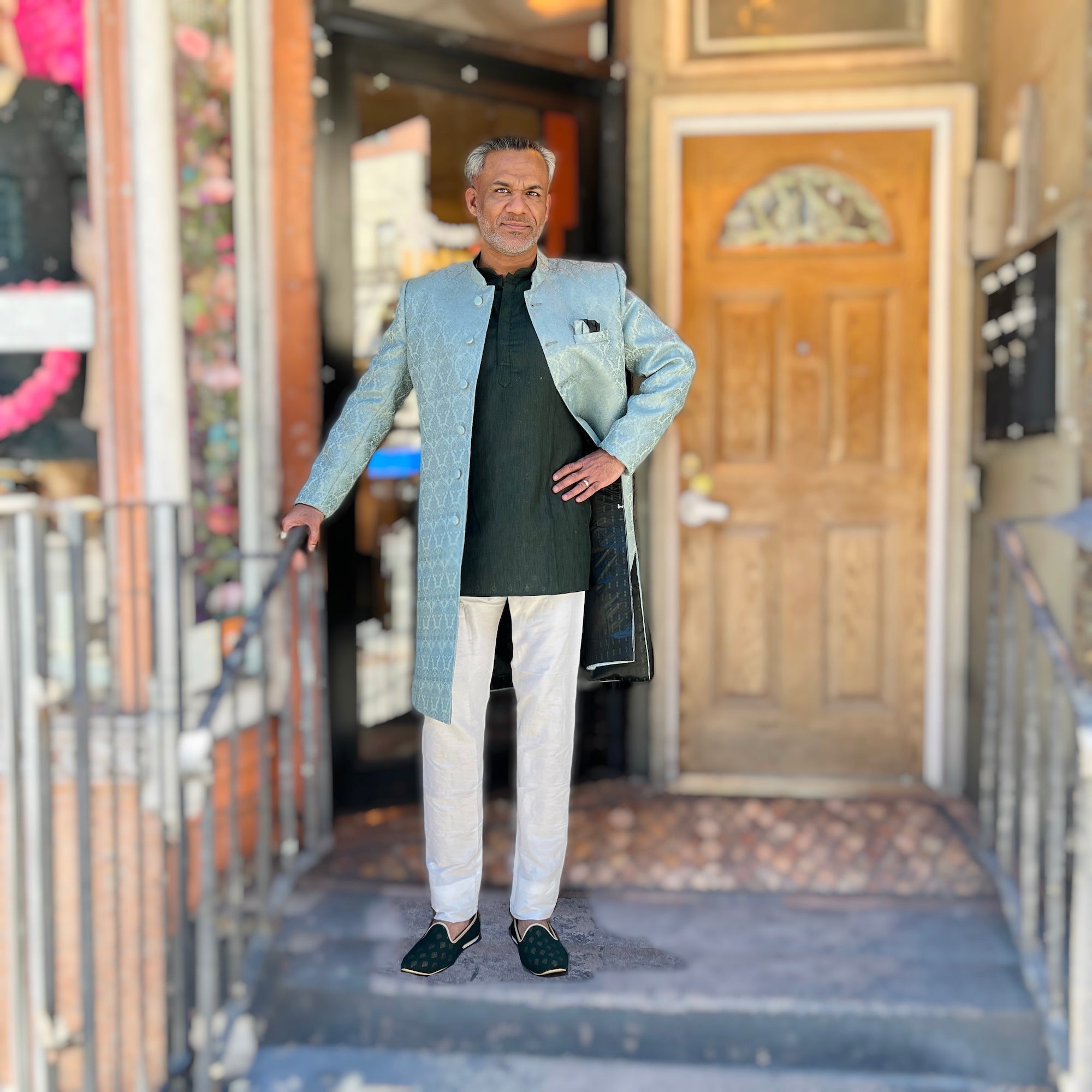Aqua & Sage Jacquard Sherwani - Vintage India NYC