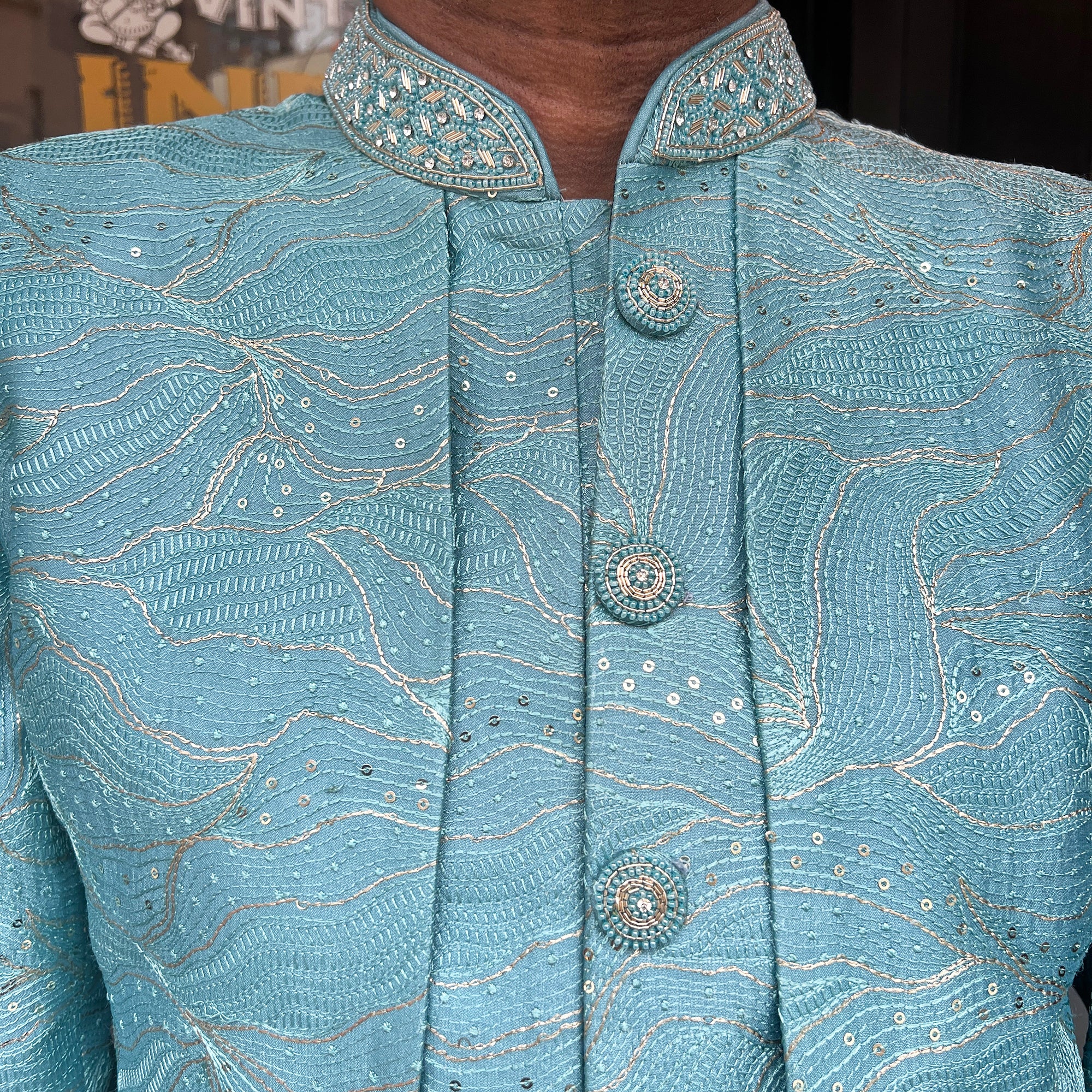 Aqua Embroidered Double Sherwani - Vintage India NYC