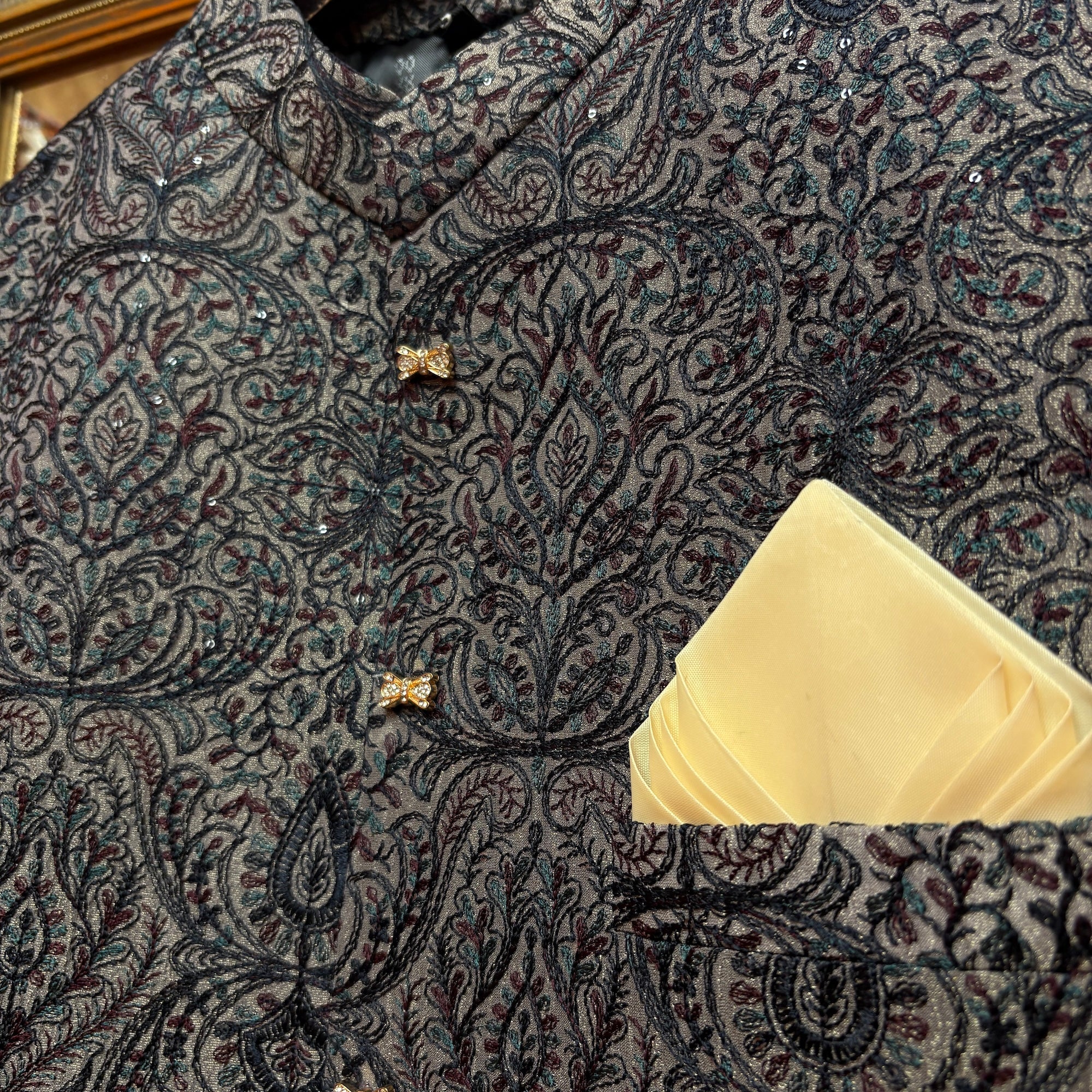 Ash Grey Metallic Embroidered Jodhpuri Jacket - Vintage India NYC