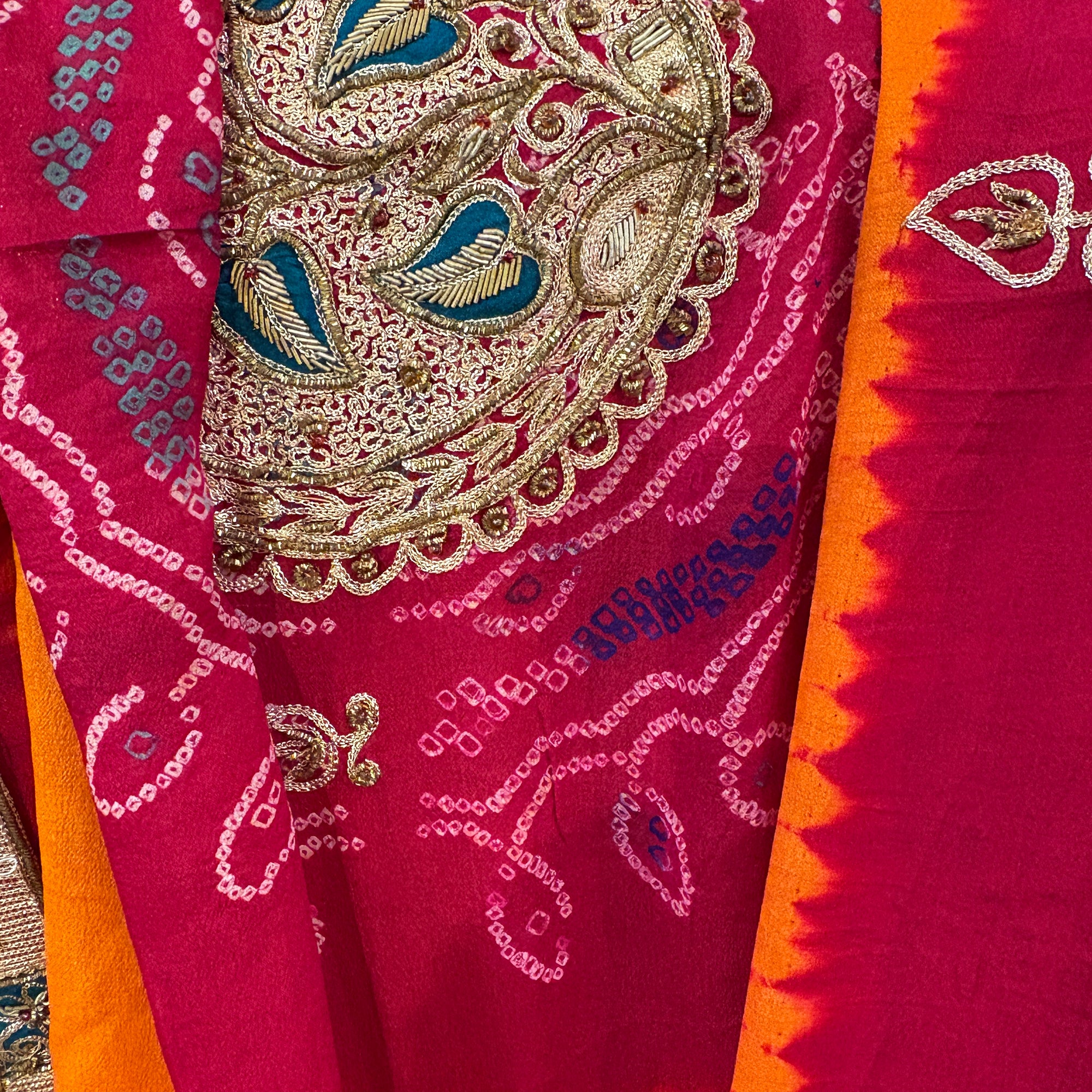 Red & Orange Bandhani Zari Embroidered Dupatta - Vintage India NYC