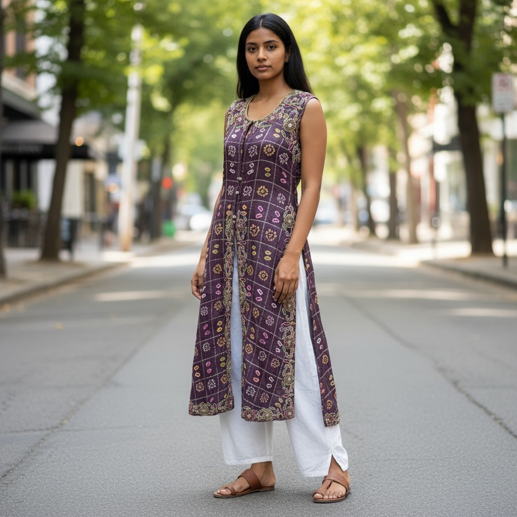 Silk Bandhani Embroidered Slit Front Kurta -Size 34