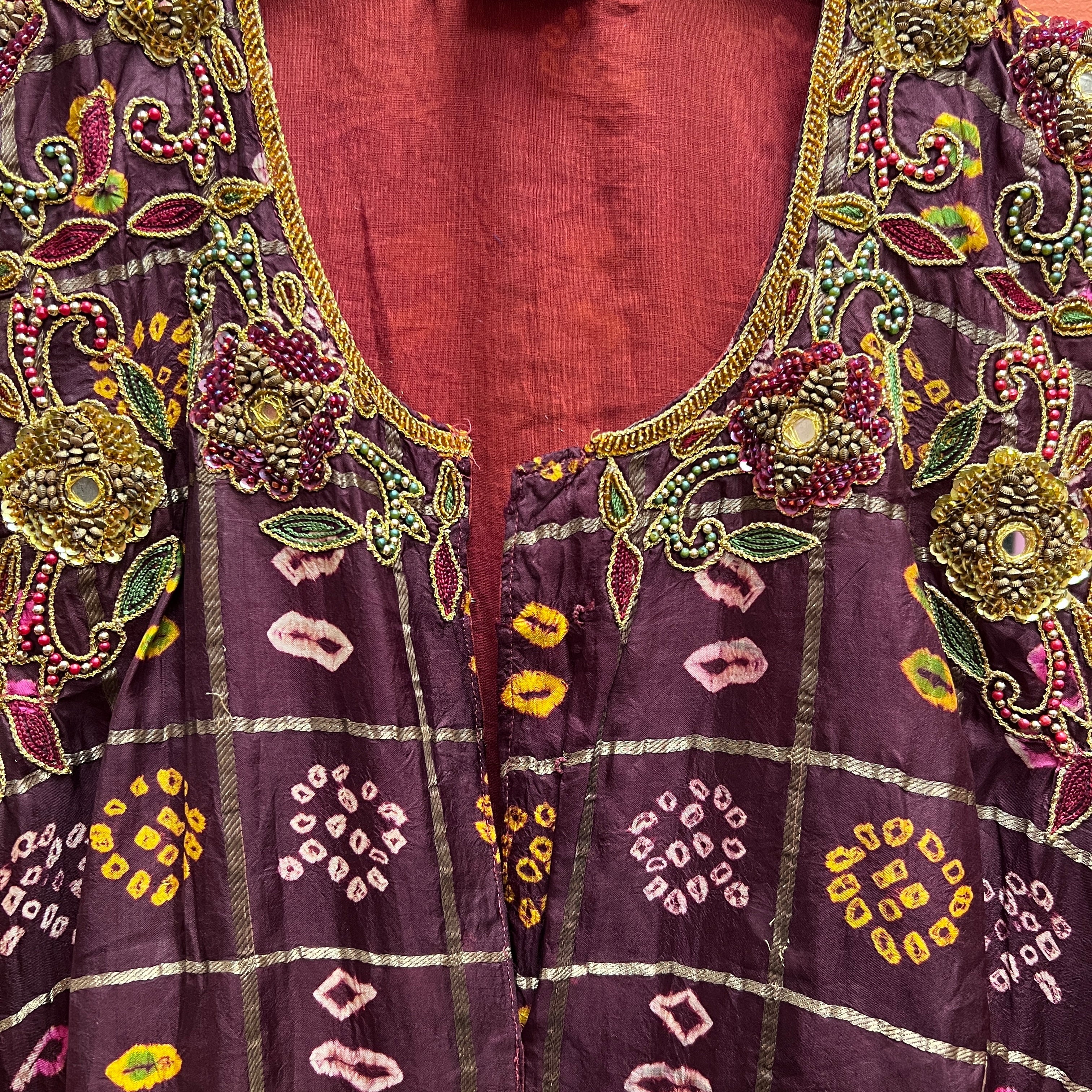 Silk Bandhani Embroidered Slit Front Kurta -Size 34