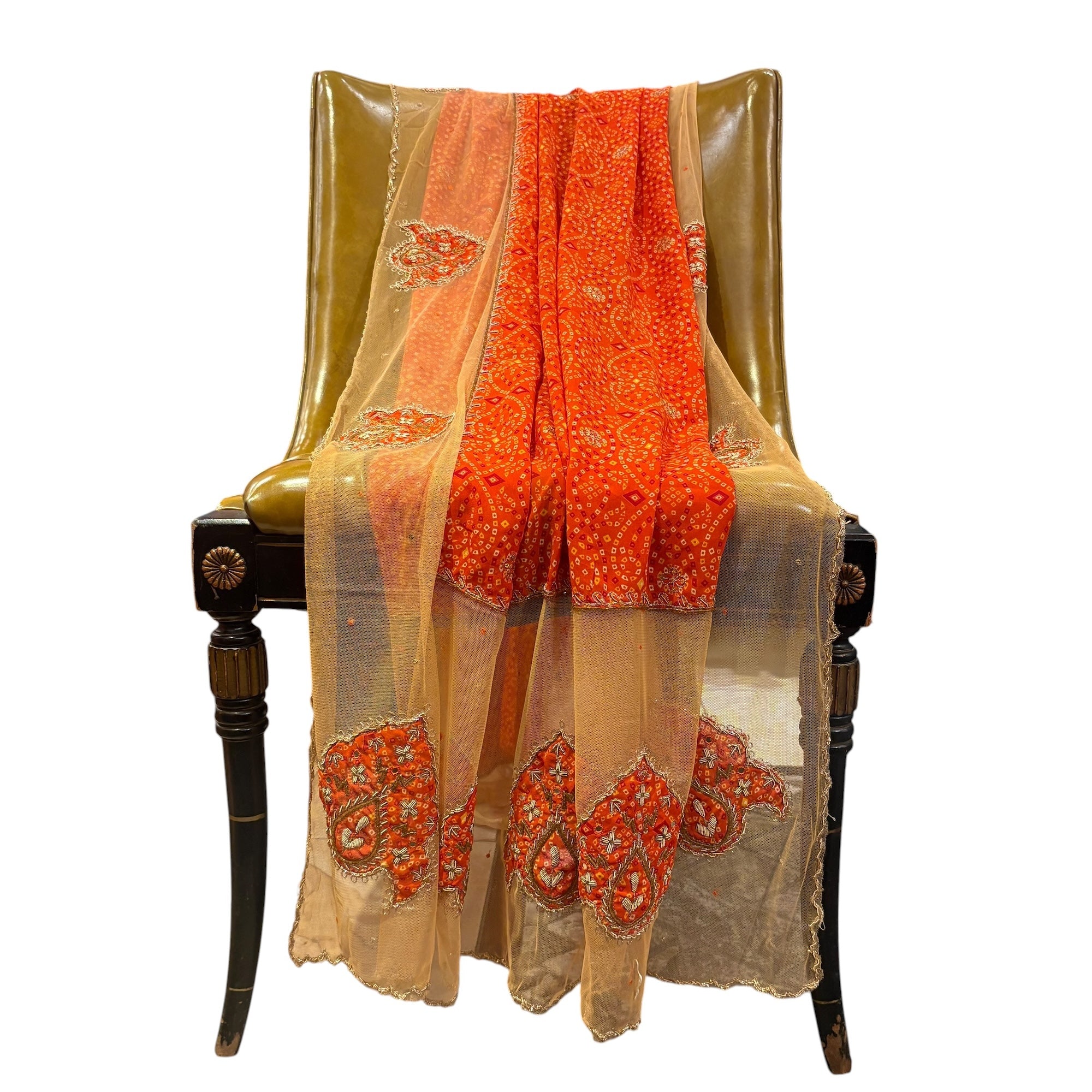 Orange Bandhani Net Dupatta - Vintage India NYC