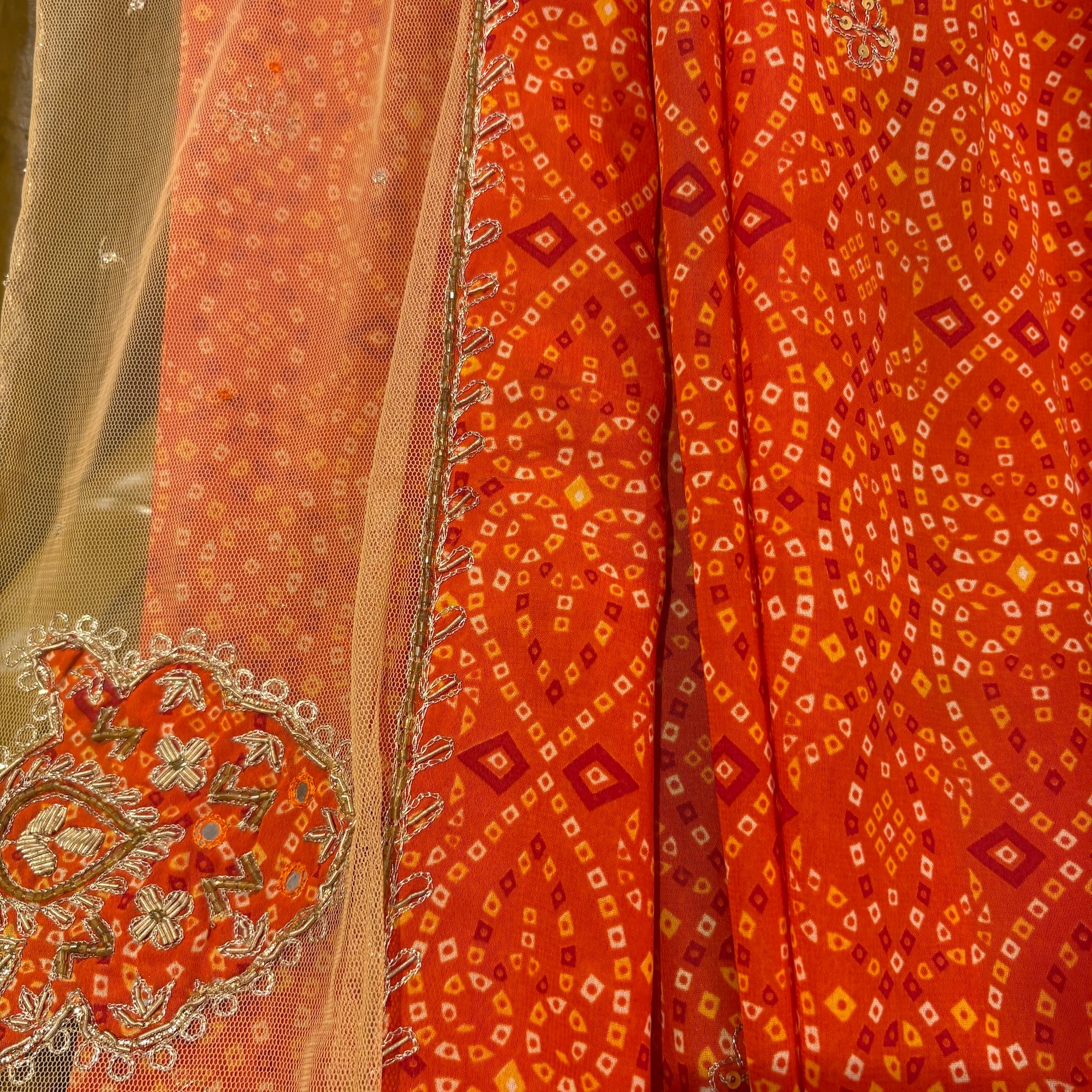 Orange Bandhani Net Dupatta - Vintage India NYC