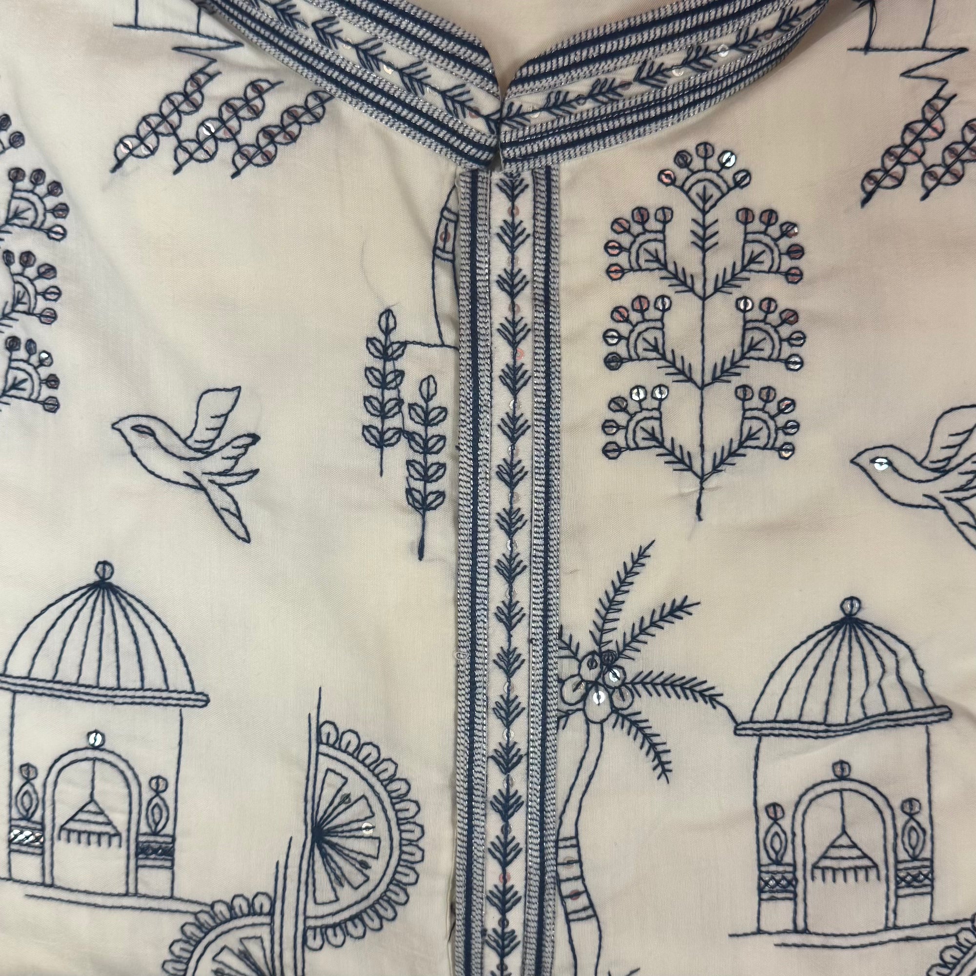 Ivory Navy Embroidered Bird of Paradise Kurta - Vintage India NYC