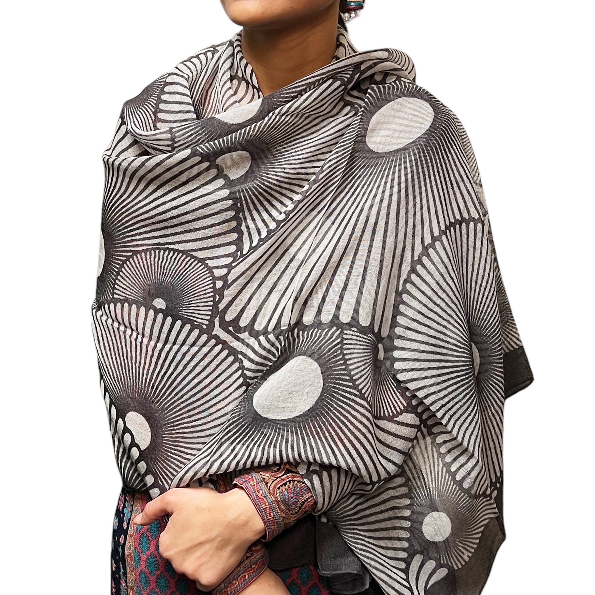 Black & White Gauze Linen Cotton Scarf - Vintage India NYC