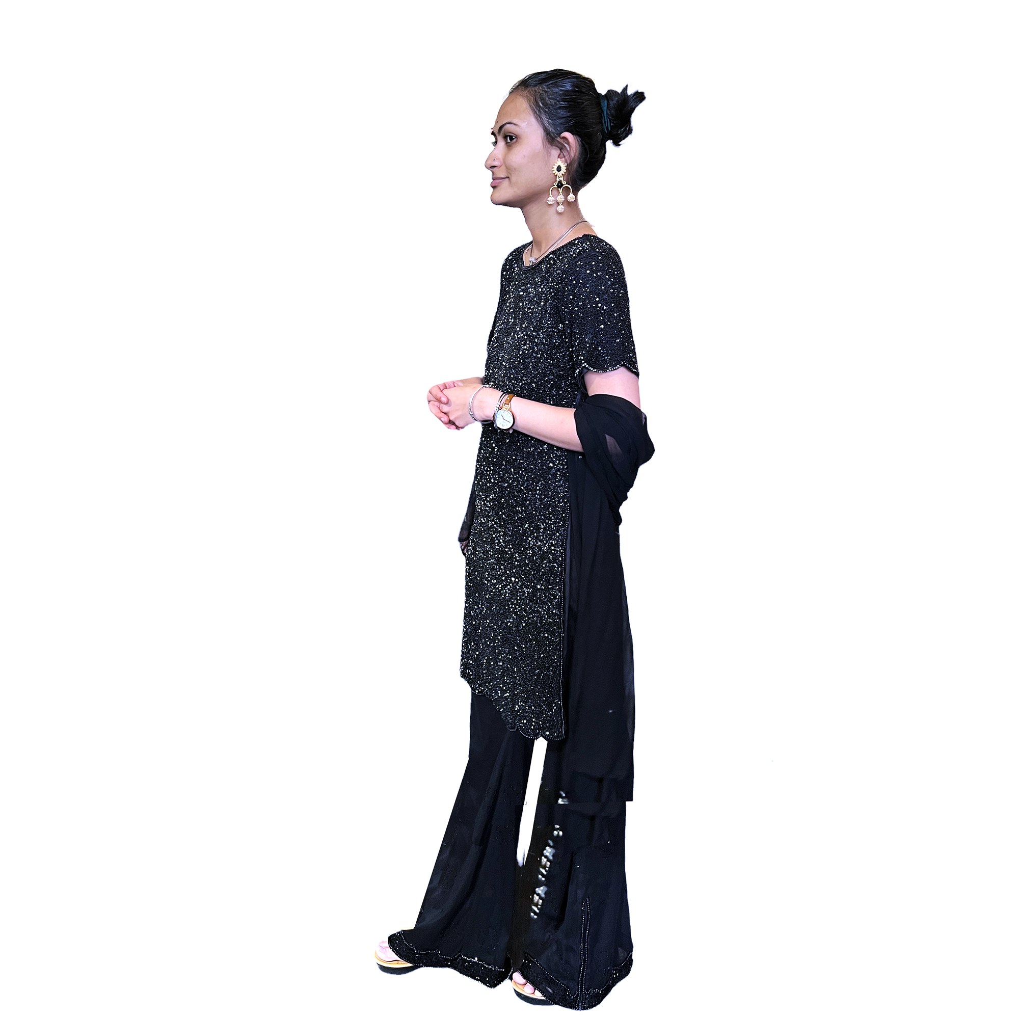 Black Beaded Bell Bottom Pant Set - Vintage India NYC