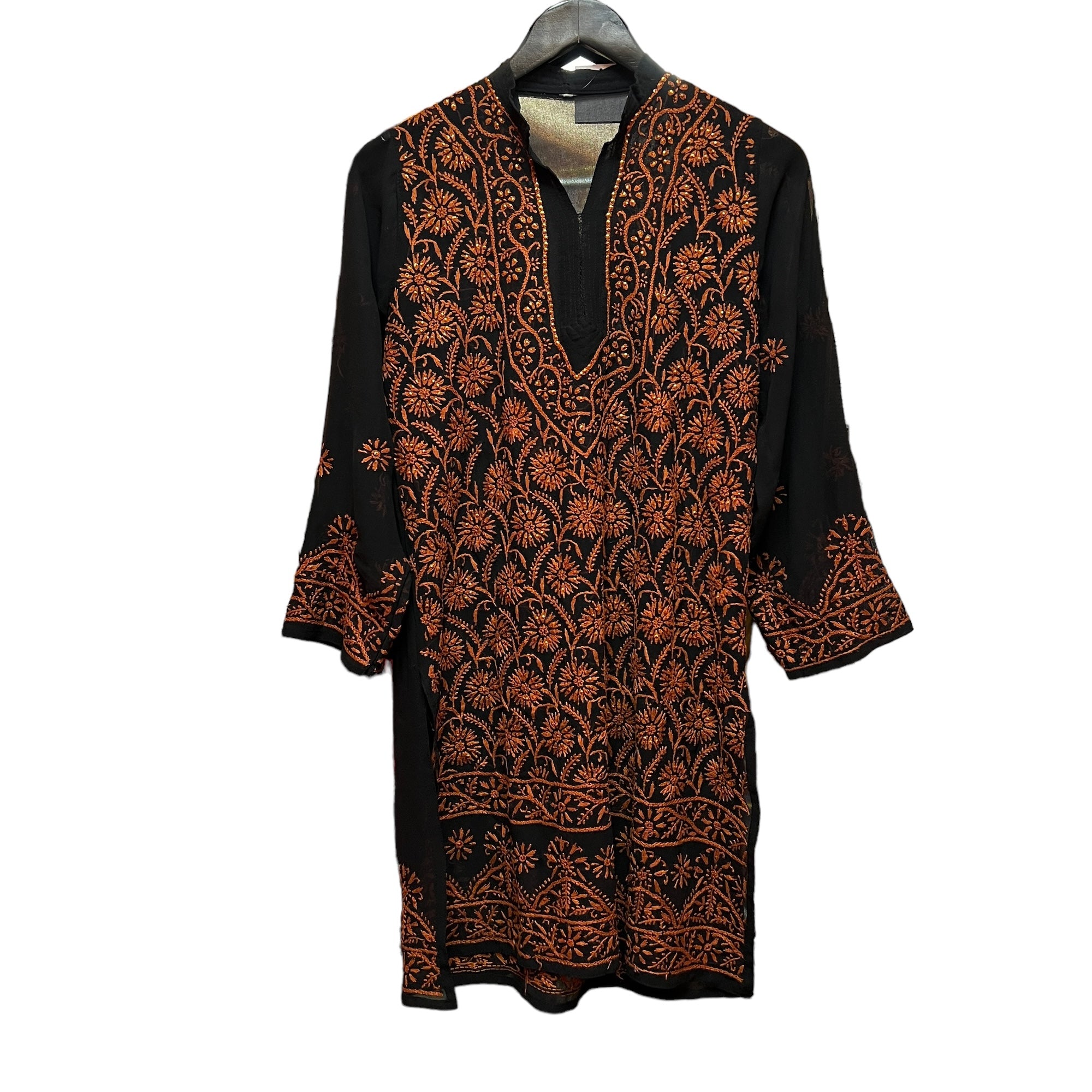 Black Georgette with Brown Embroidered Kurta-Size 36 - Vintage India NYC