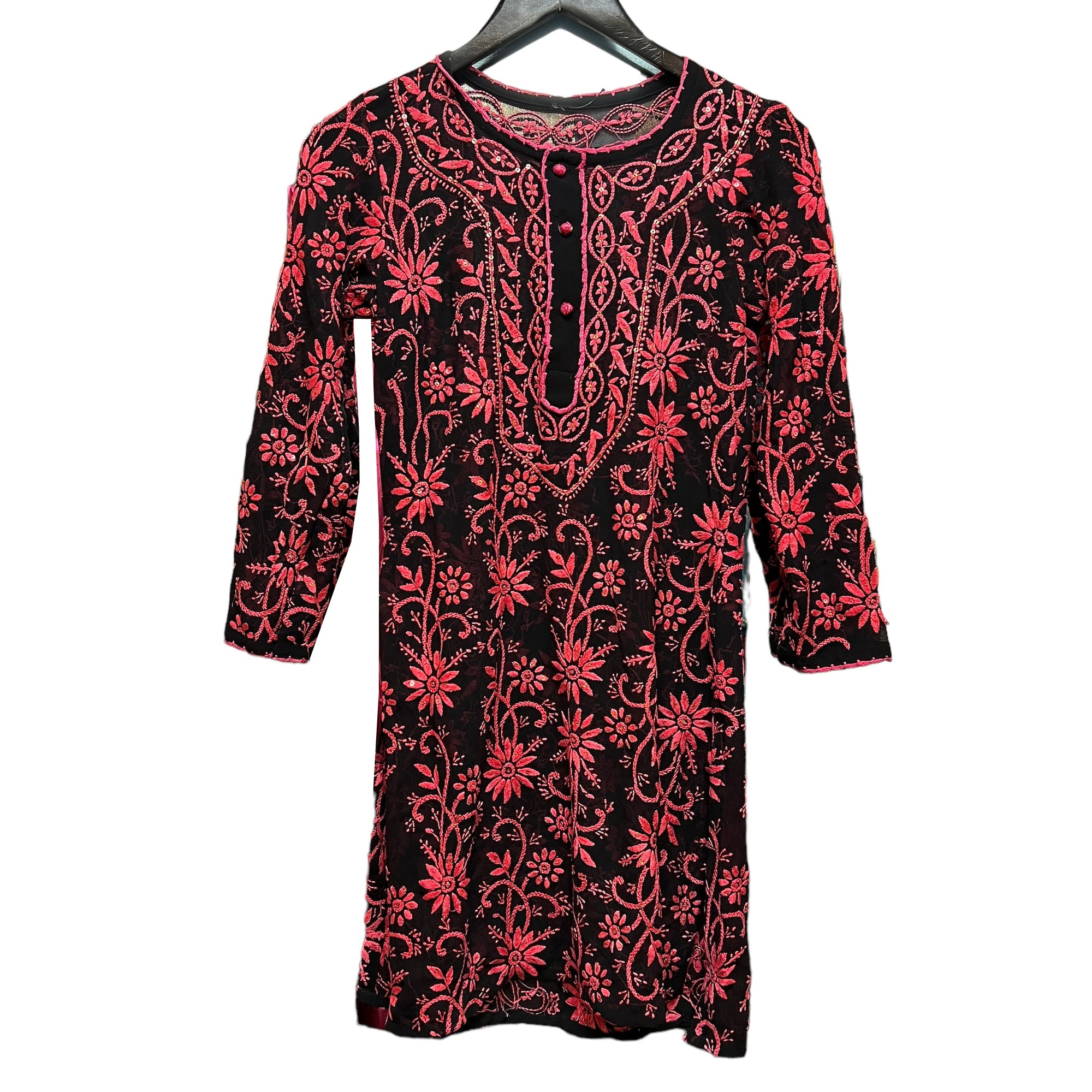 Black Georgette with Pink Embroidered Kurta-Size 32 - Vintage India NYC