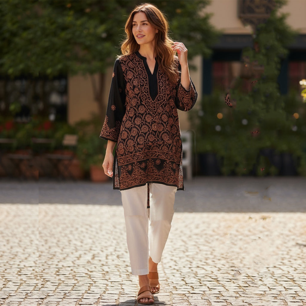 Black Georgette with Brown Embroidered Kurta-Size 36
