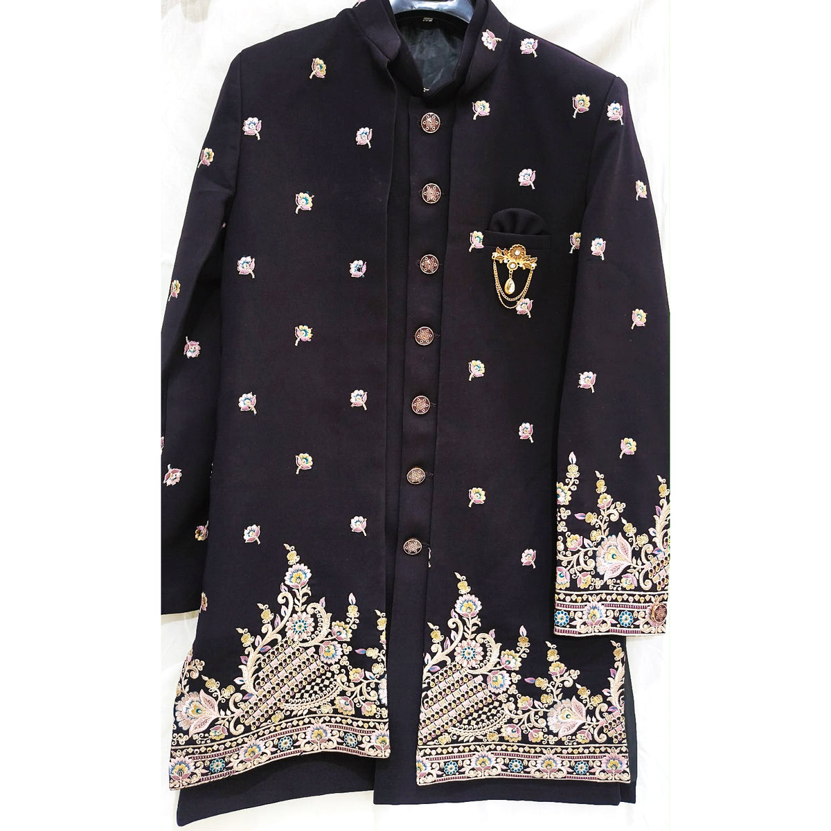 Black Embroidered Double Sherwani - Vintage India NYC