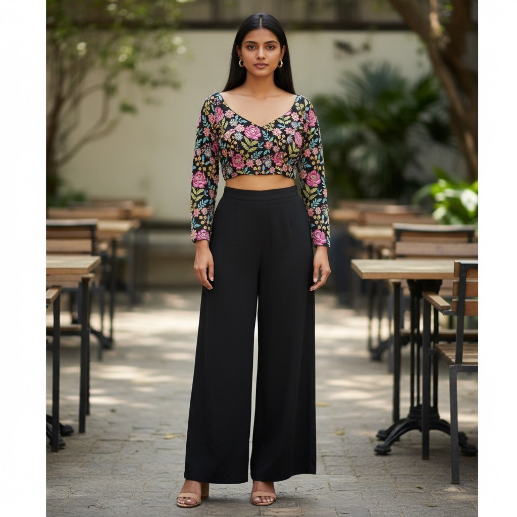 Long Sleeve V Neck Patchwork Choli Blouse-Colors