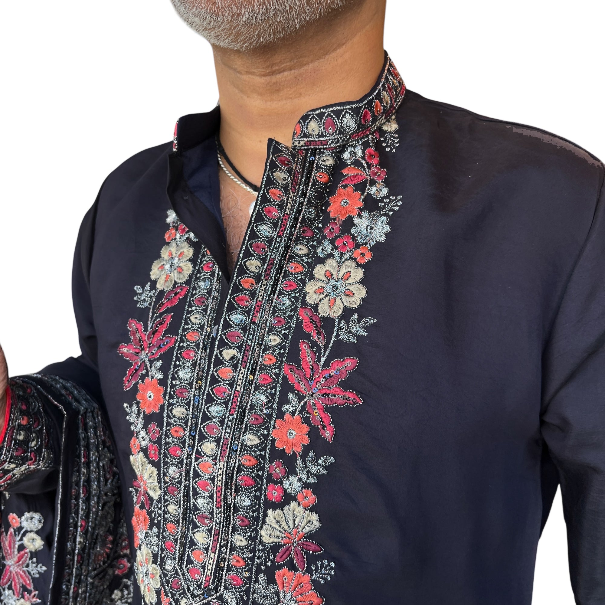Black Embroidered Floral Kurta with Dupatta - Vintage India NYC
