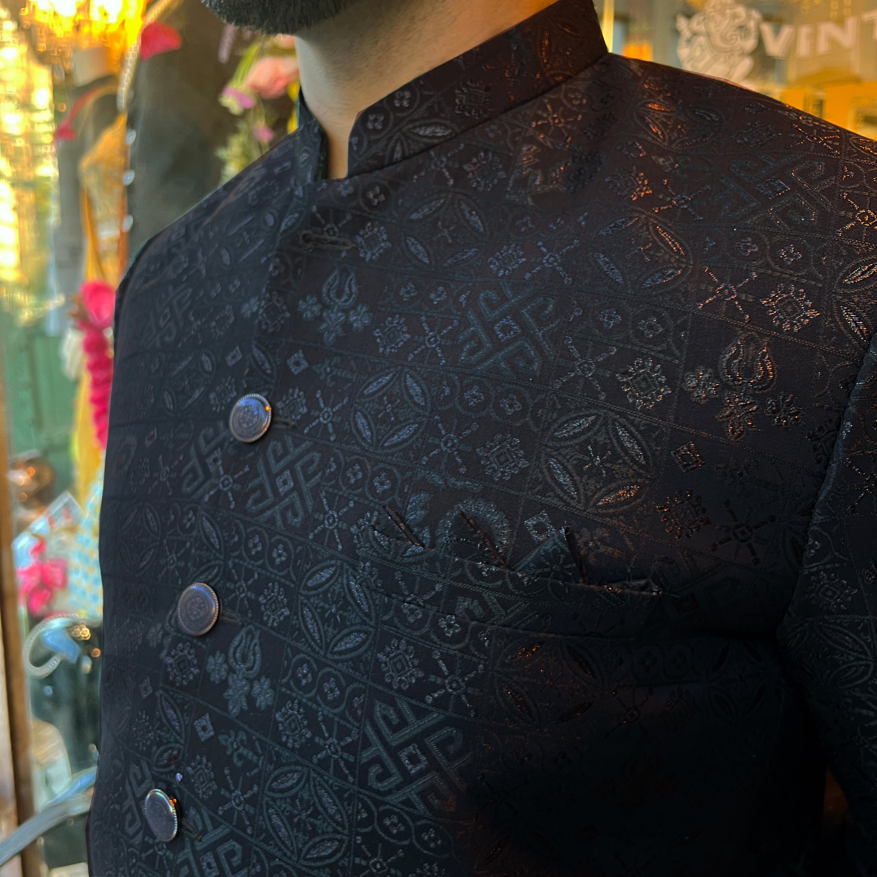 Square Jacquard Jodhpuri Jacket-Colors - Vintage India NYC