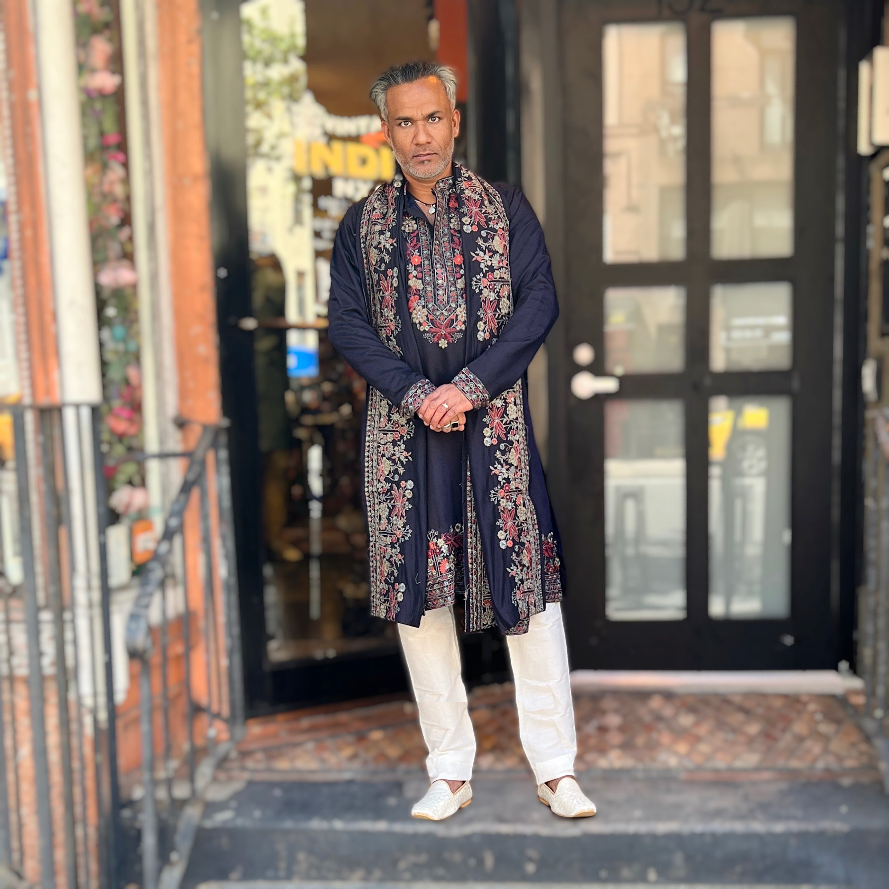 Black Embroidered Floral Kurta with Dupatta - Vintage India NYC