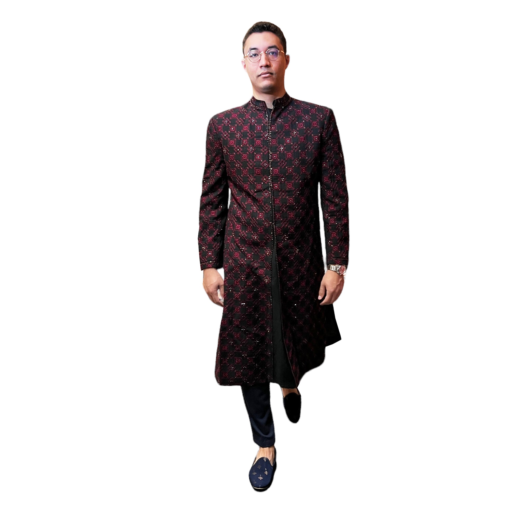 Black Sherwani with Maroon Threadwork - Vintage India NYC