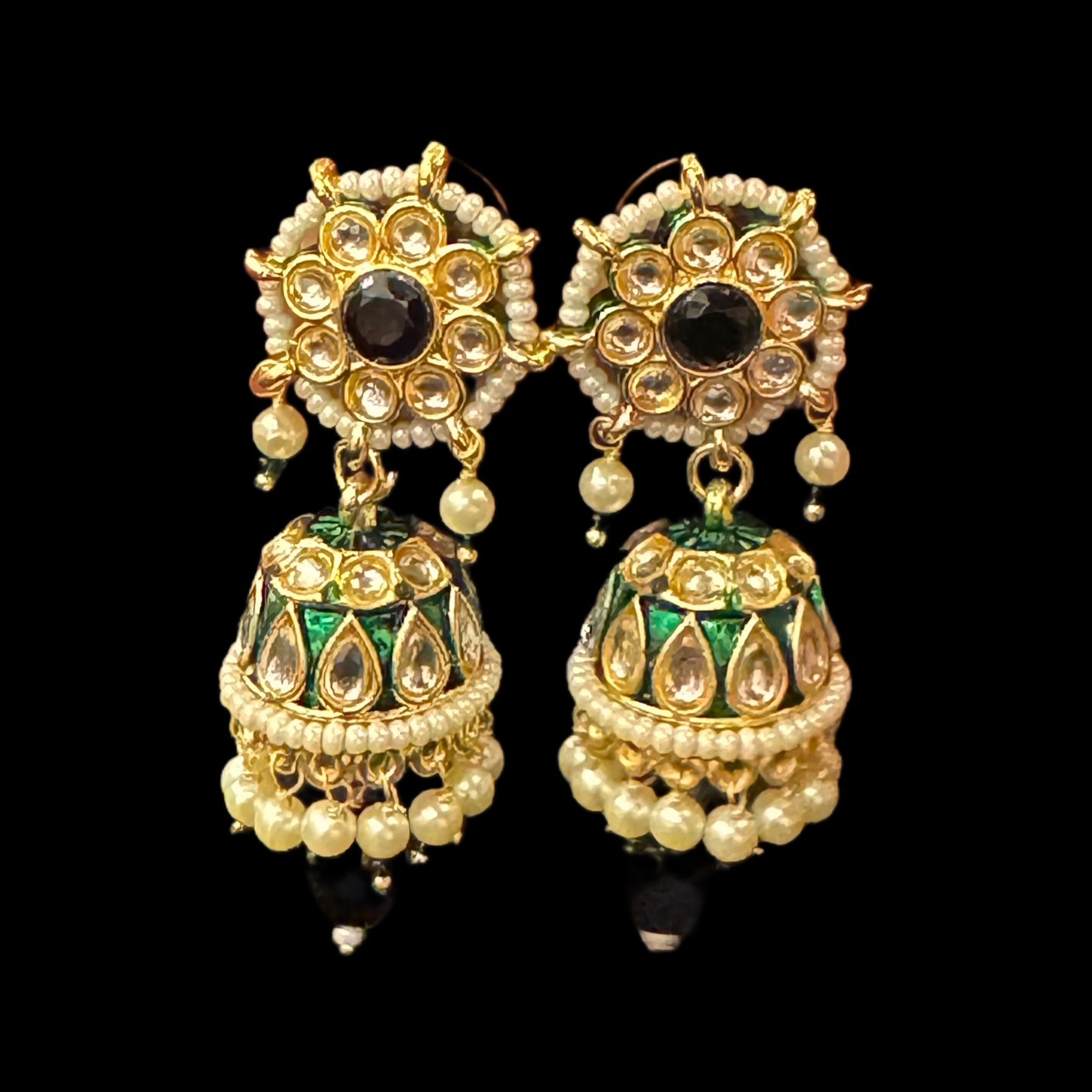 DT Polki & Pearl Jhumka Earrings-Many Colors - Vintage India NYC