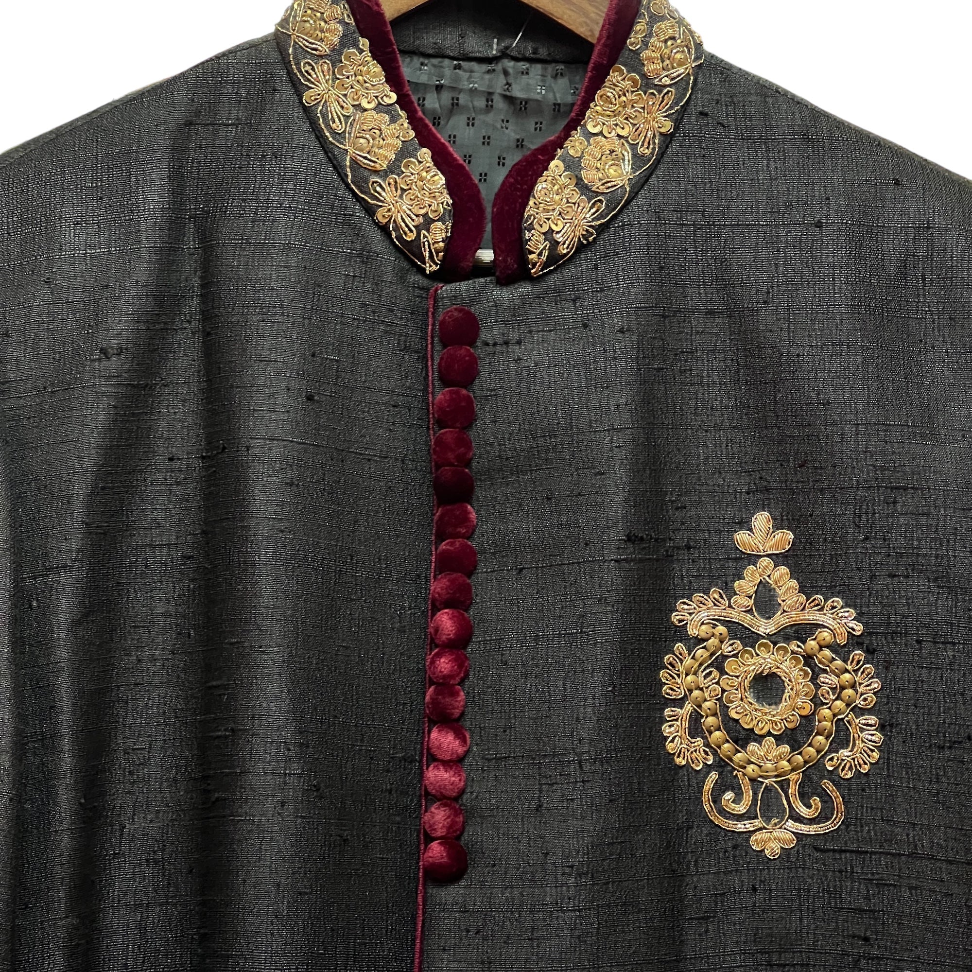 Black Raw Silk Sherwani - Vintage India NYC