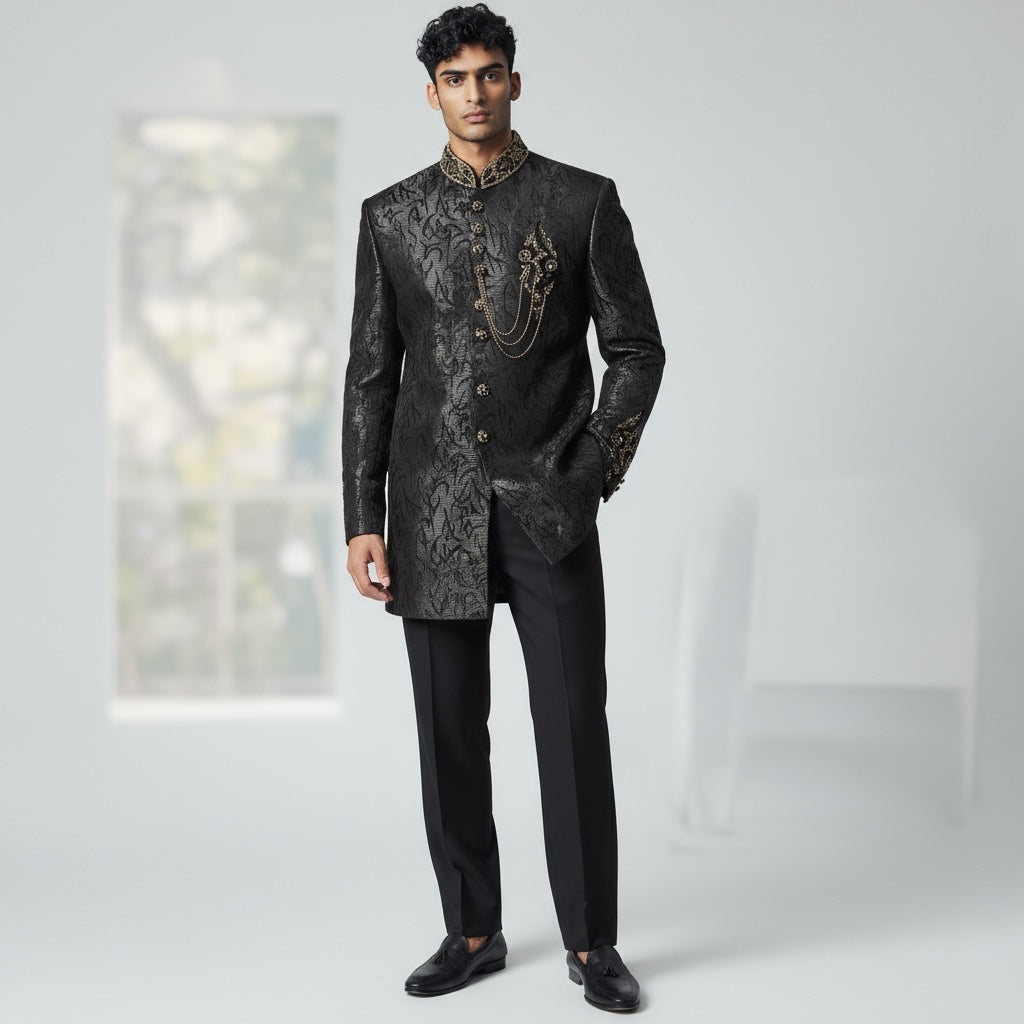 Shiny Black Steel Brocade Sherwani