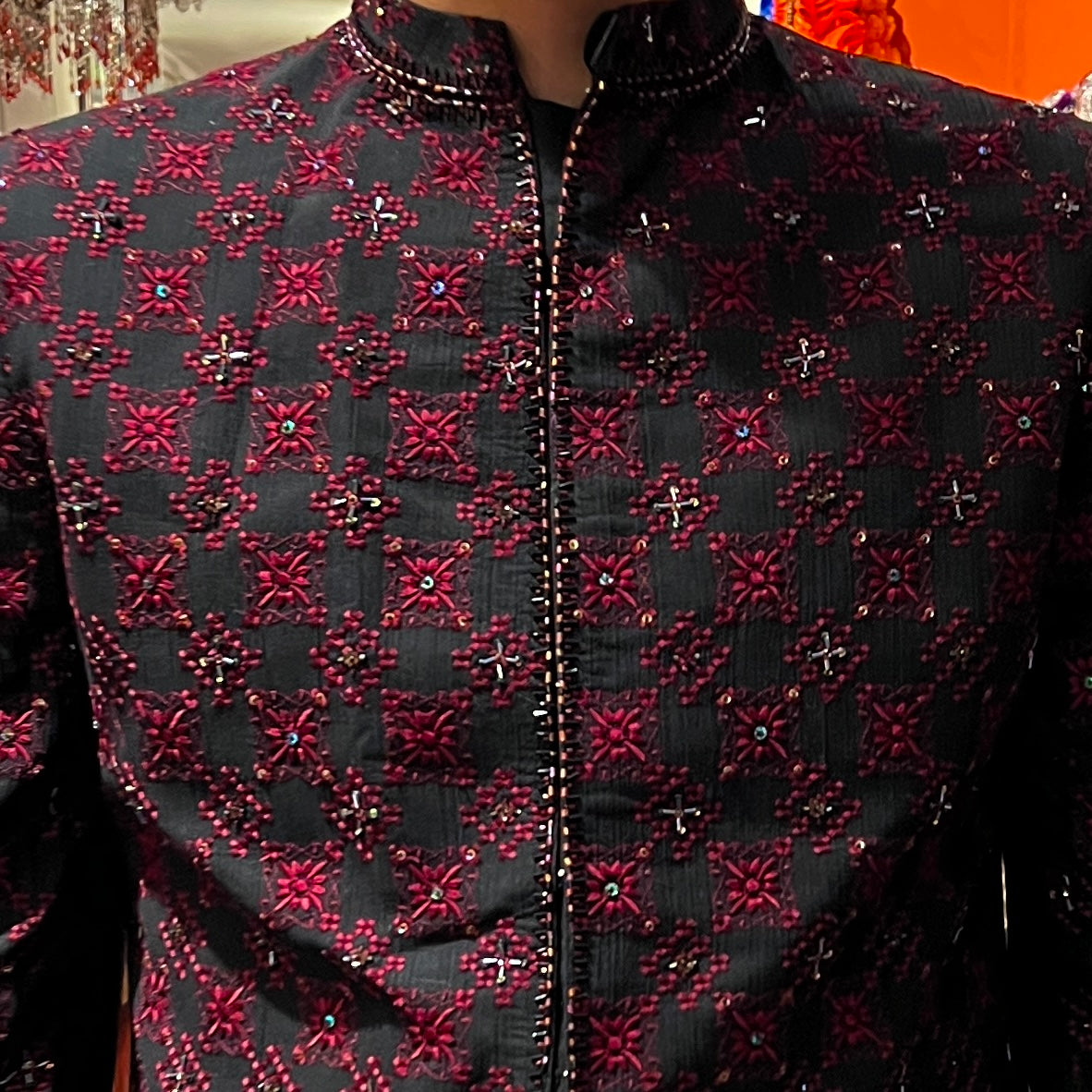 Black Sherwani with Maroon Threadwork - Vintage India NYC