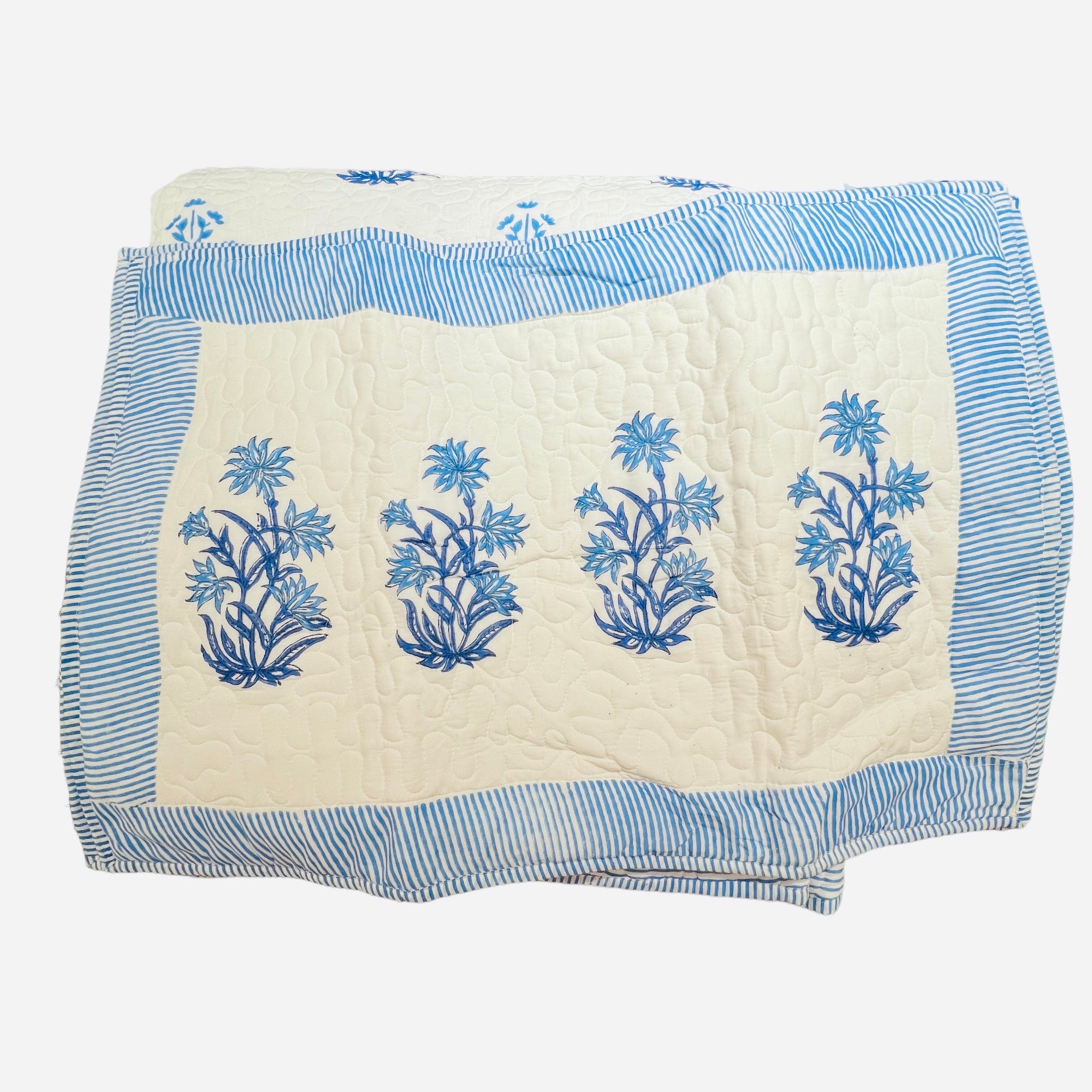 White w Blue Flower Reversible Queen Quilt - Vintage India NYC