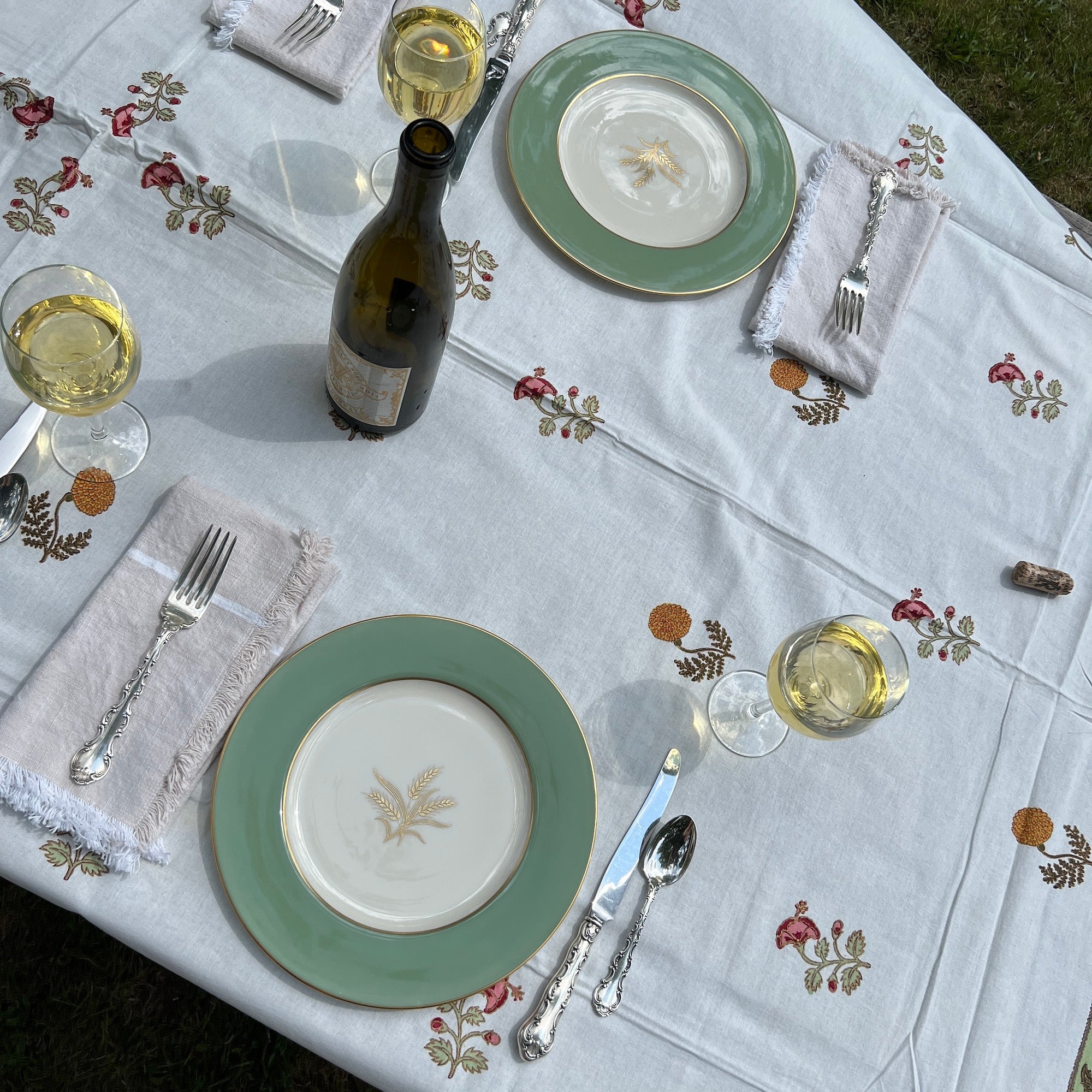 Blue Flower Block Print Tablecloth 60 X 90 - Vintage India NYC